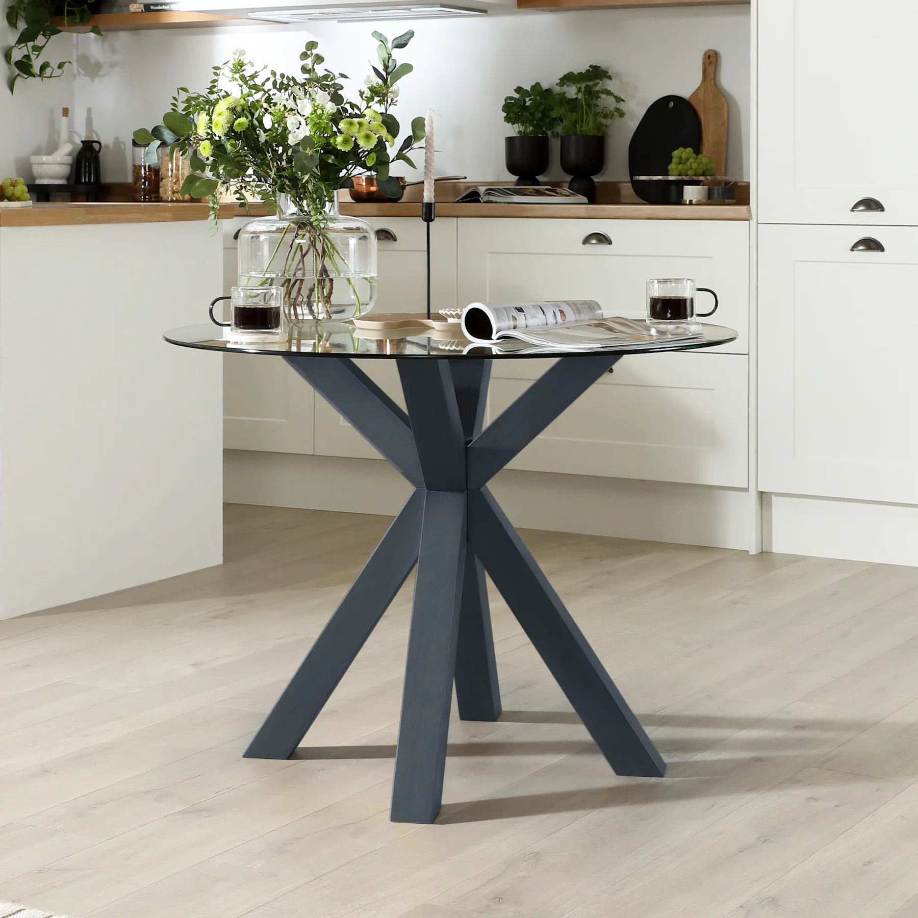 Hatton Round Dining Table, 100cm, Glass & Slate Blue Solid Hardwood
