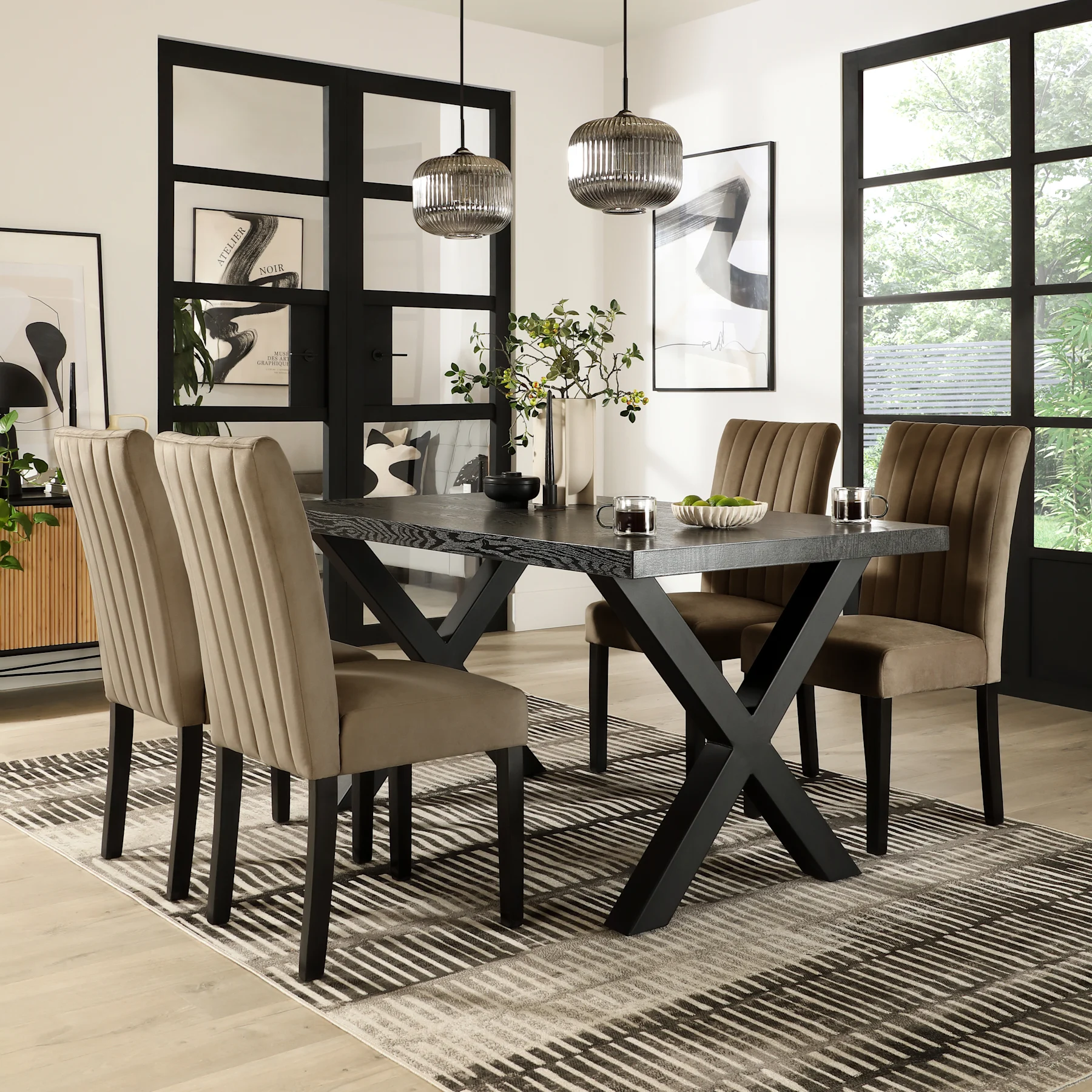 Franklin Dining Table & 4 Salisbury Chairs, Black Oak Effect & Black Steel, Beige Classic Velvet & Black Solid Hardwood, 150cm