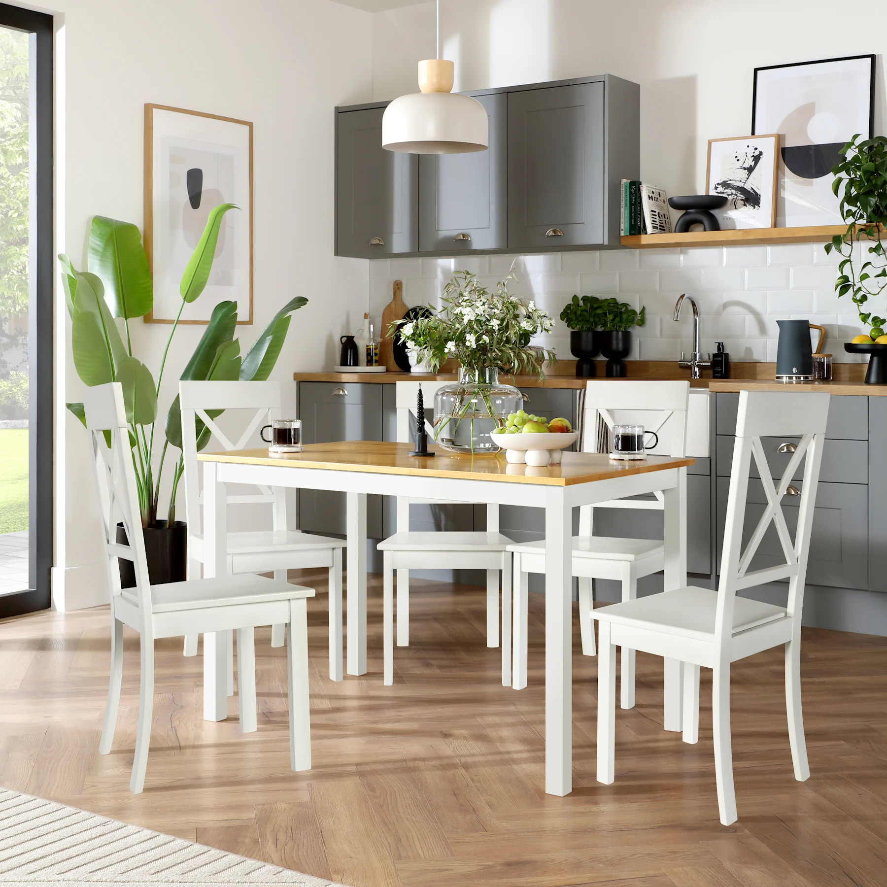 Milton Dining Table & 4 Kendal Chairs, Natural Oak Finish & White Solid Hardwood, 120cm