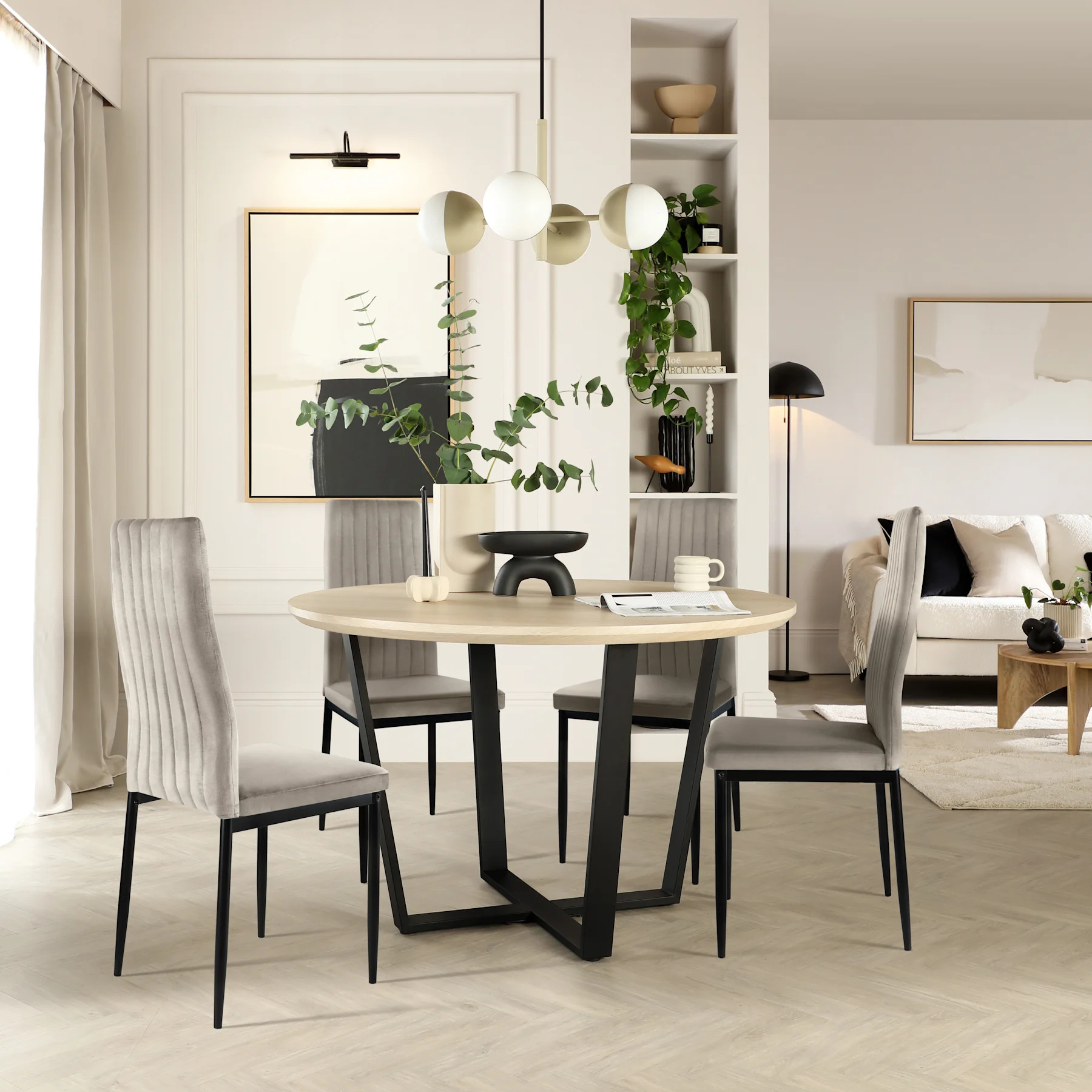 Traviso Round Dining Table & 4 Leon Chairs, Light Oak Effect & Black Steel, Grey Classic Velvet, 120cm