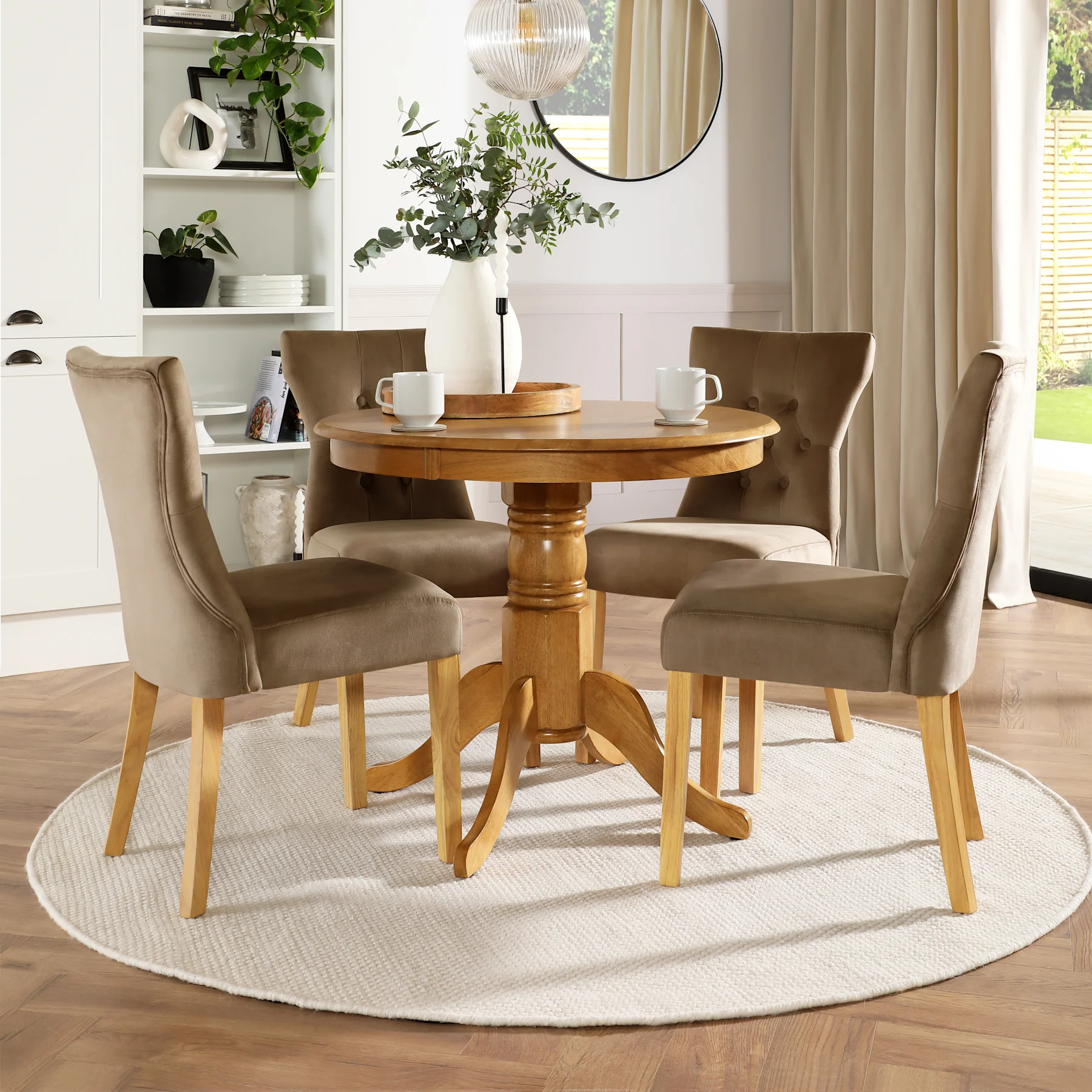 Kingston Round Dining Table & 4 Bewley Chairs, Natural Oak Finished Solid Hardwood, Beige Classic Velvet, 90cm