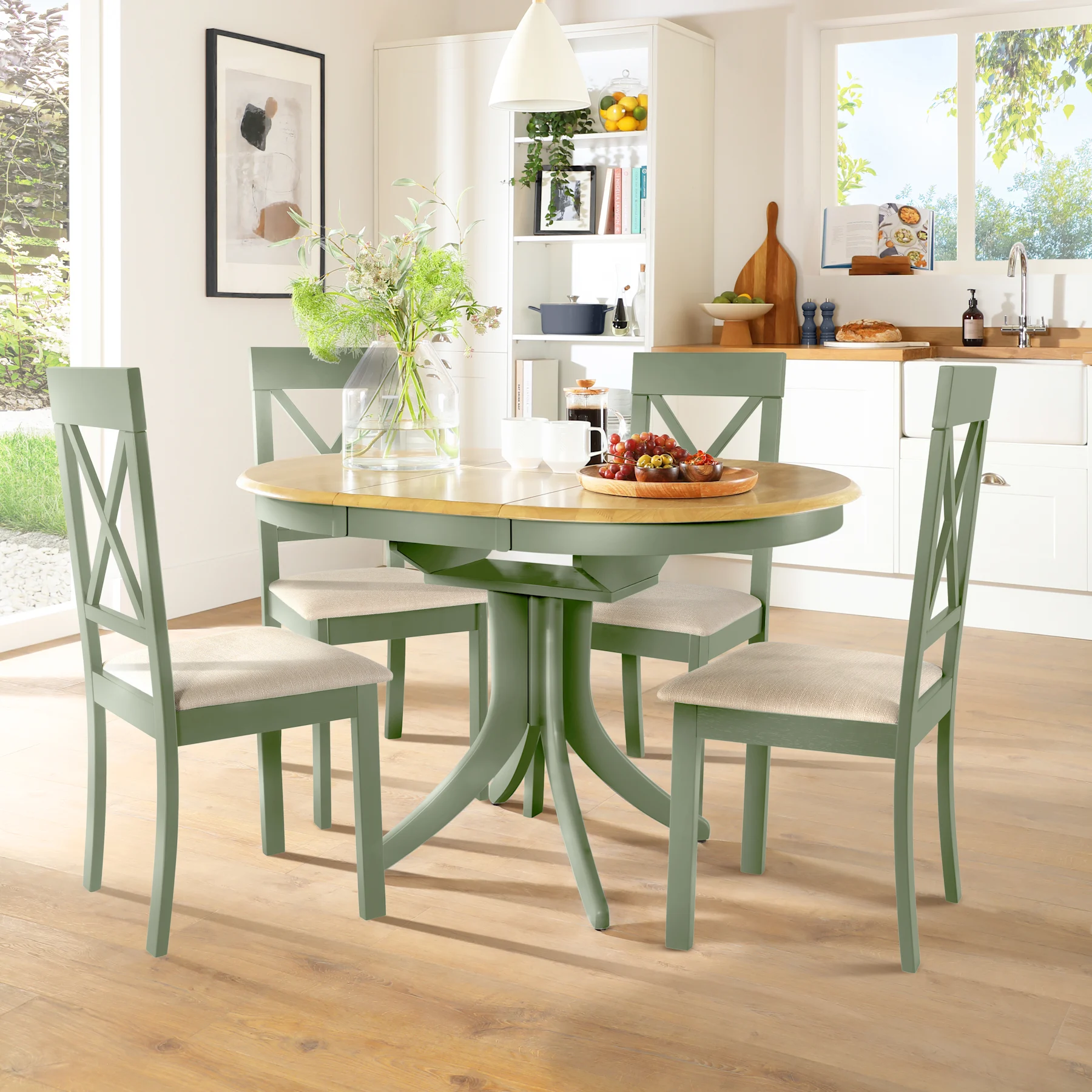 Hudson Round Extending Dining Table & 6 Kendal Chairs, Natural Oak Finish & Sage Green Solid Hardwood, Oatmeal Classic Linen-Weave Fabric, 90-120cm