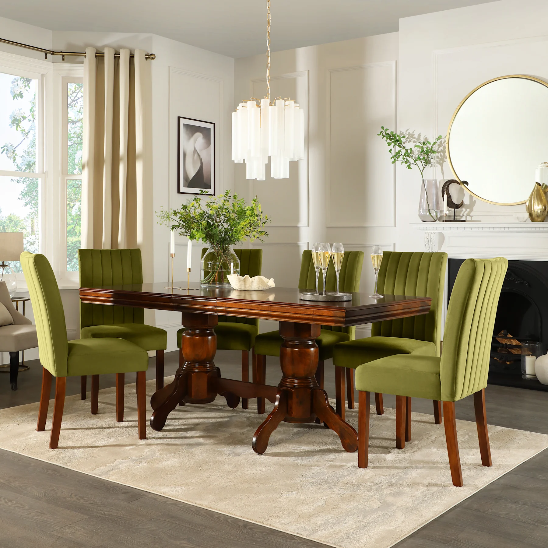 Chatsworth Extending Dining Table & 8 Salisbury Chairs, Dark Birch Veneer & Solid Hardwood, Olive Green Classic Velvet & Dark Solid Hardwood, 150-180cm