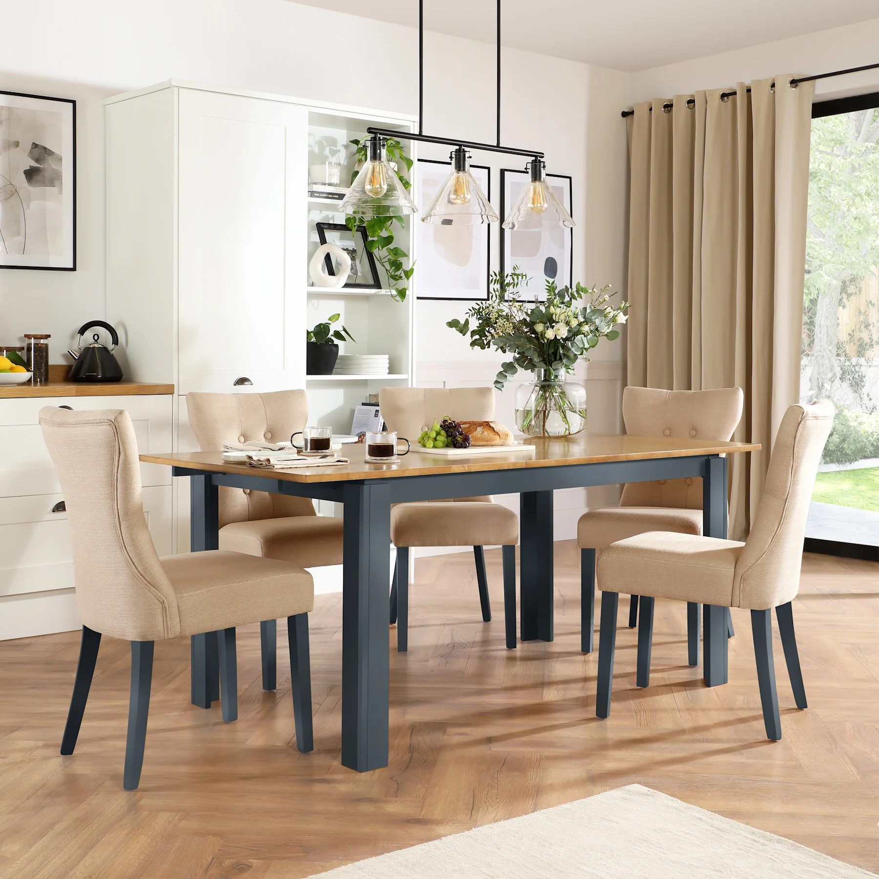 Bali Extending Dining Table & 6 Bewley Chairs, Natural Oak Finish & Slate Blue Solid Hardwood, Oatmeal Classic Linen-Weave Fabric, 150-180cm
