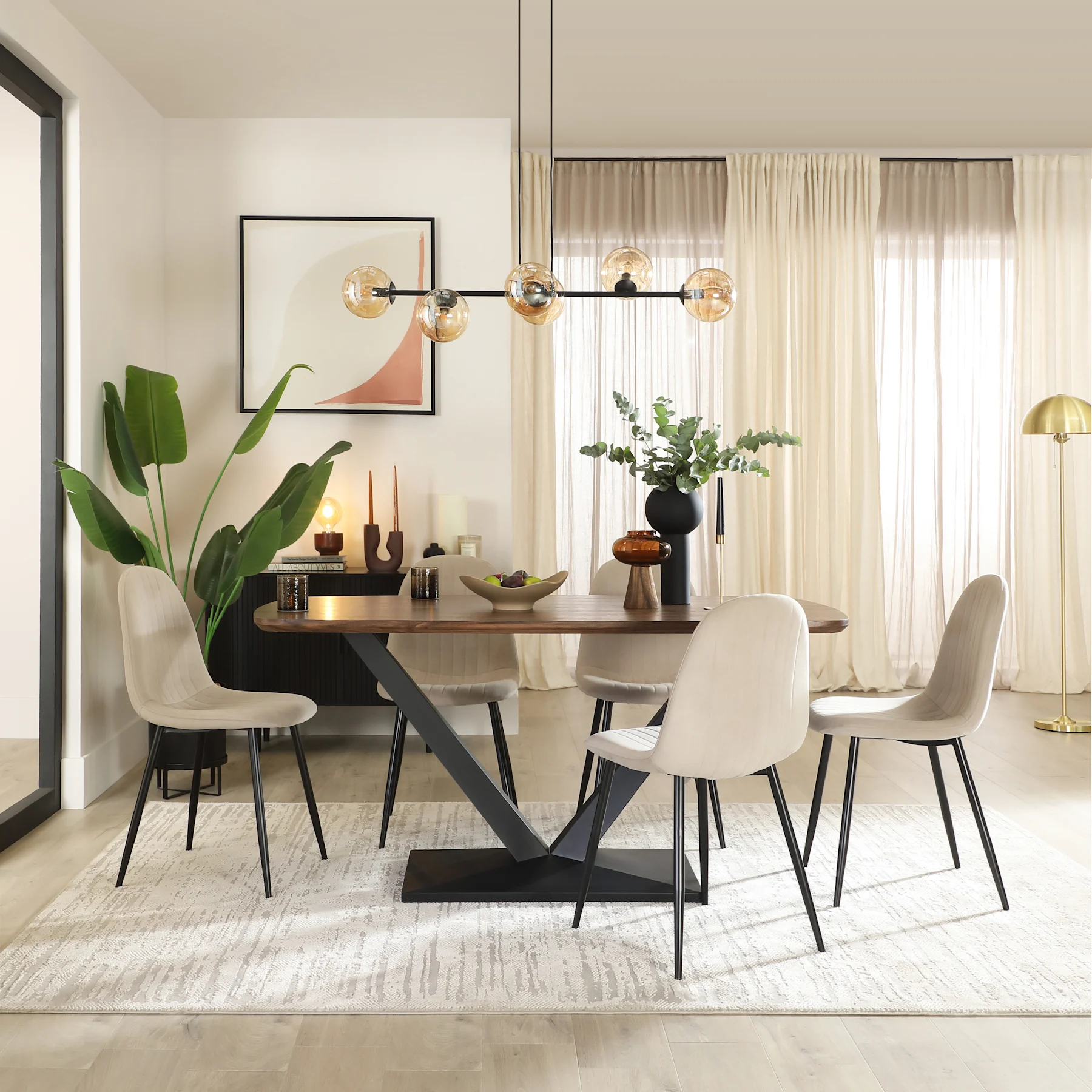 Avanta Dining Table & 4 Brooklyn Dining Chairs, Walnut Effect & Black Steel, Champagne Classic Velvet, 160cm