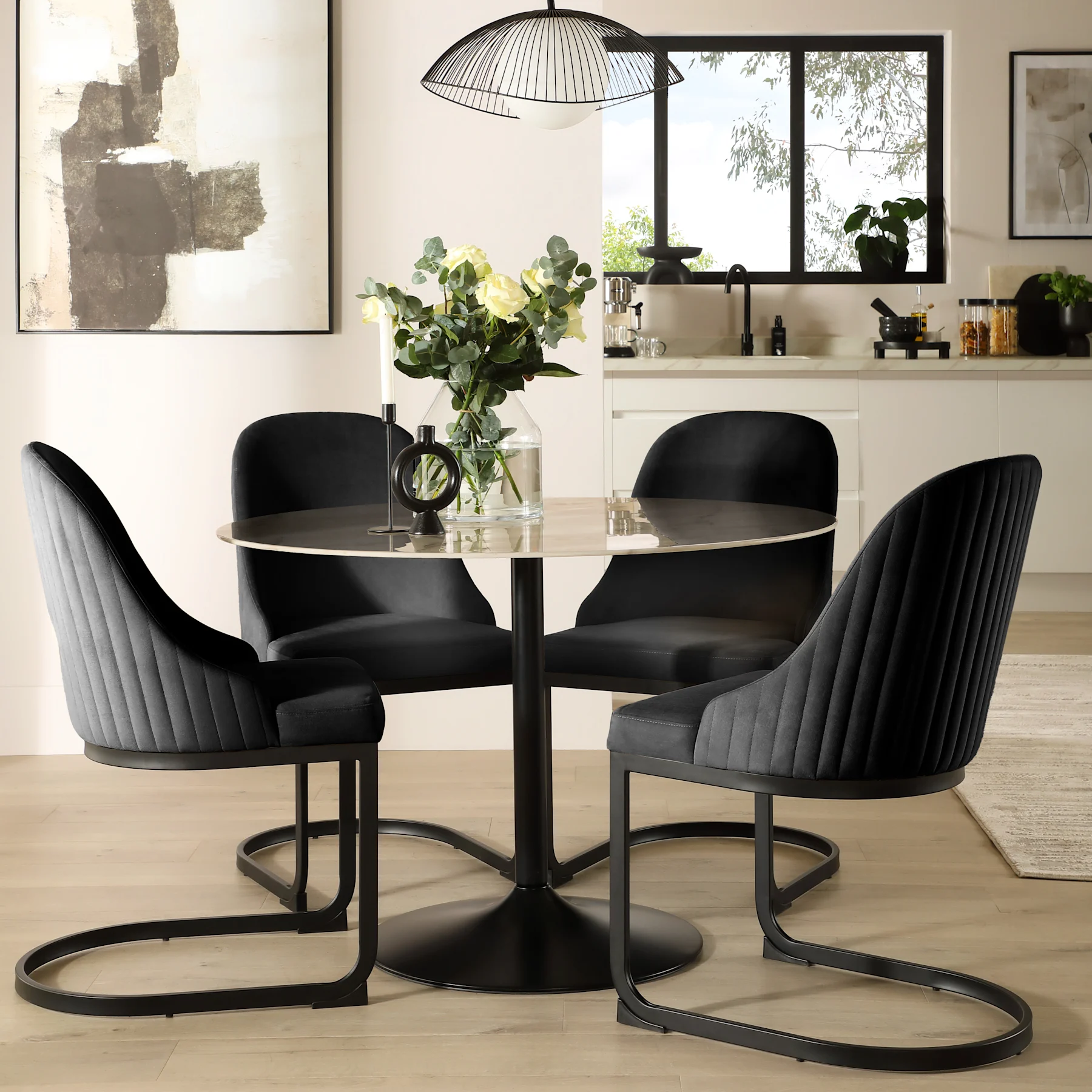 Orbit Round Dining Table & 4 Riva Chairs, Beige Marble Effect & Black Steel, Black Classic Velvet, 110cm
