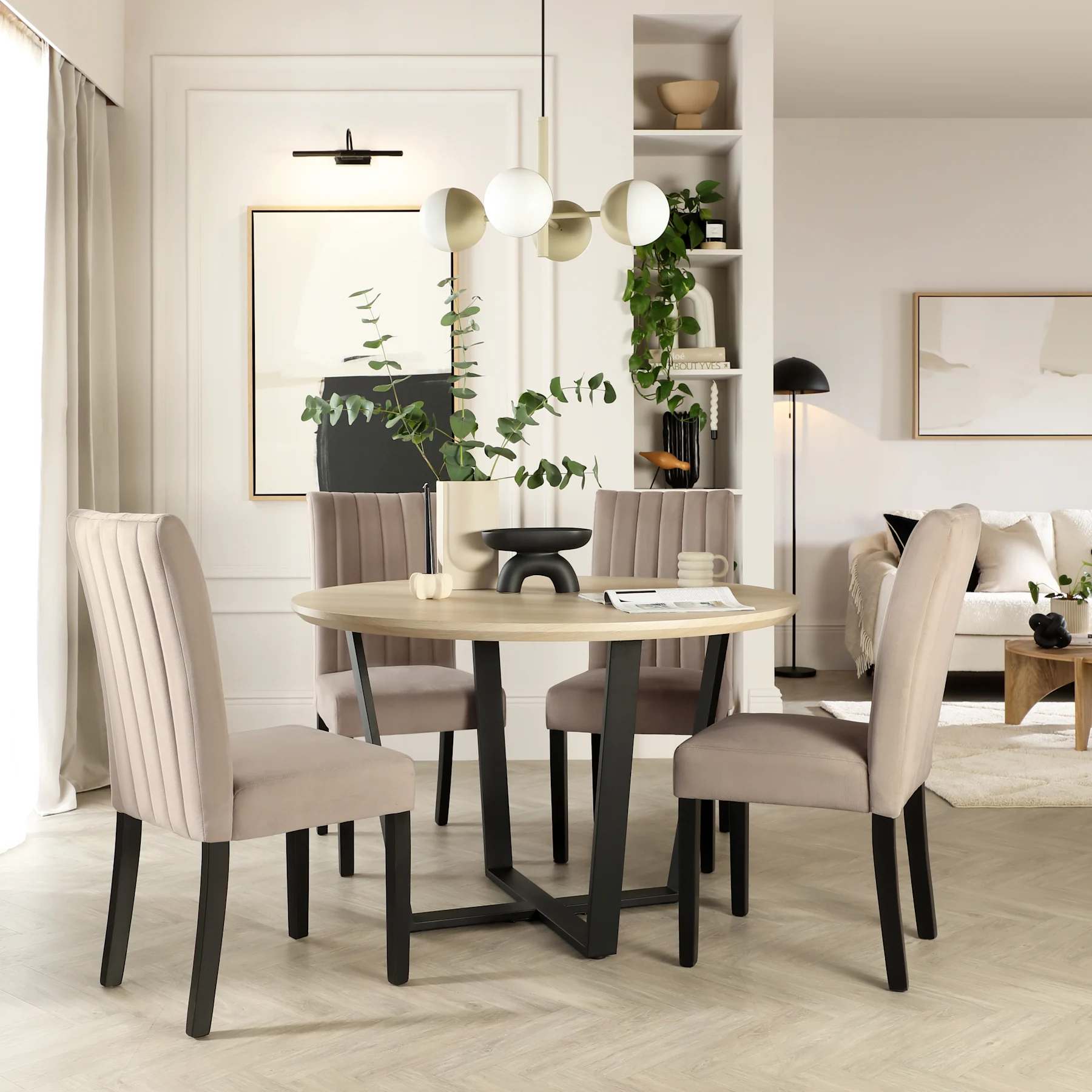 Traviso Round Dining Table & 4 Salisbury Chairs, Light Oak Effect & Black Steel, Beige Classic Plush Fabric & Black Solid Hardwood, 120cm