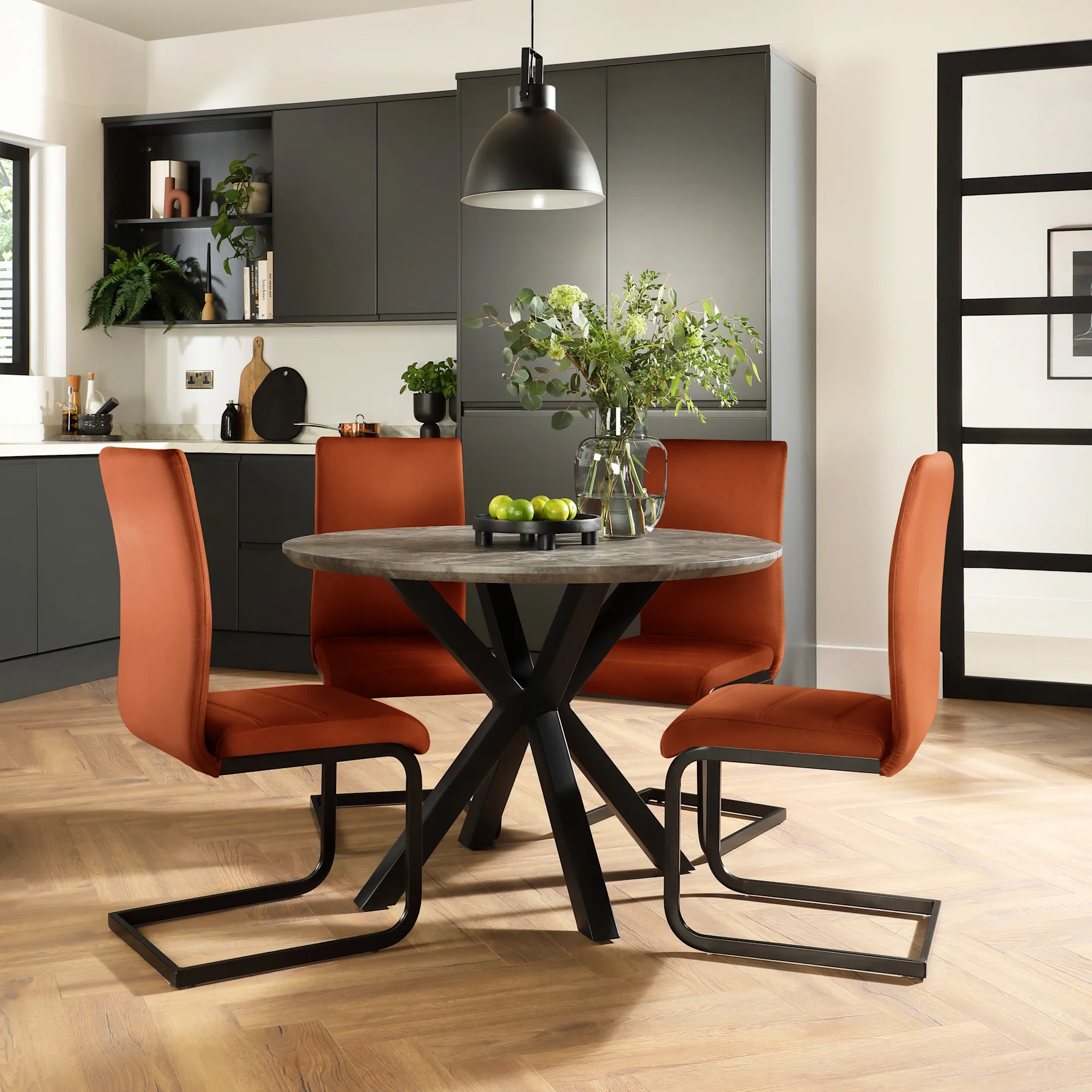 Newark Round Industrial Dining Table & 2 Perth Chairs, Grey Concrete Effect & Black Steel, Burnt Orange Classic Velvet, 110cm