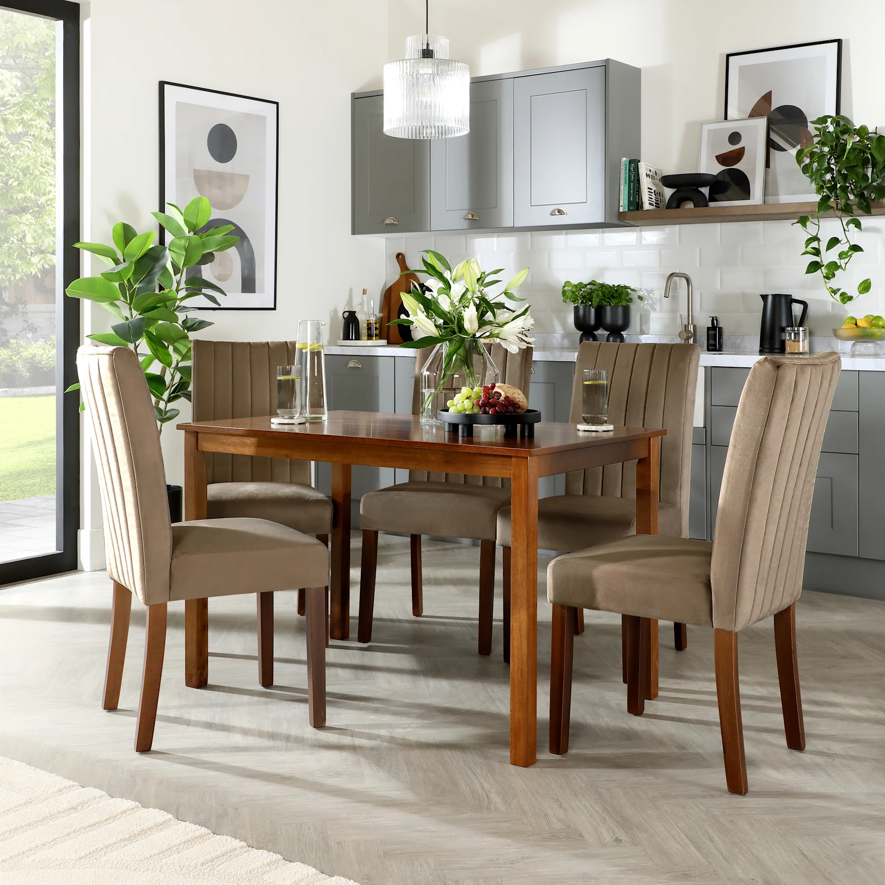 Milton Dining Table & 6 Salisbury Chairs, Dark Solid Hardwood, Beige Classic Velvet, 120cm
