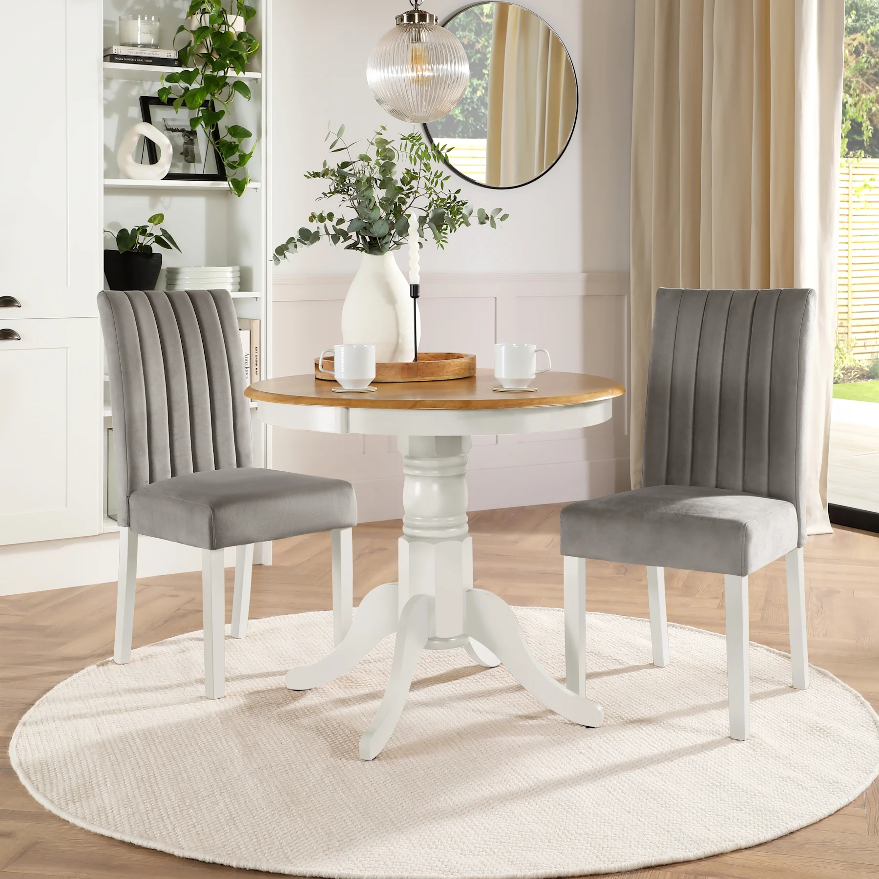 Kingston Round Dining Table & 2 Salisbury Chairs, Natural Oak Finish & White Solid Hardwood, Grey Classic Velvet, 90cm