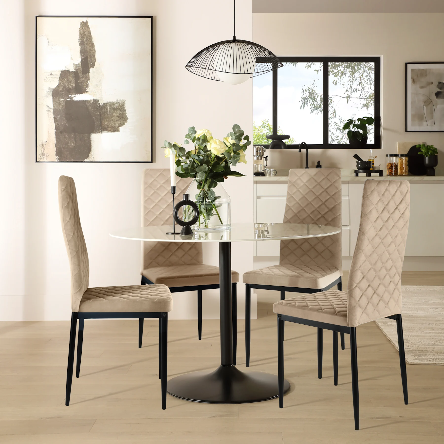 Orbit Round Dining Table & 4 Renzo  Chairs, White Marble Effect & Black Steel, Champagne Classic Velvet, 150cm