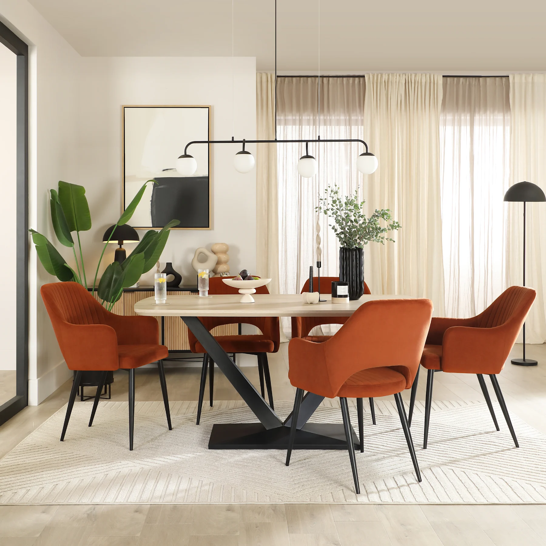 Avanta Dining Table & 4 Clara Dining Chairs, Light Oak Effect & Black Steel, Burnt Orange Classic Velvet, 160cm