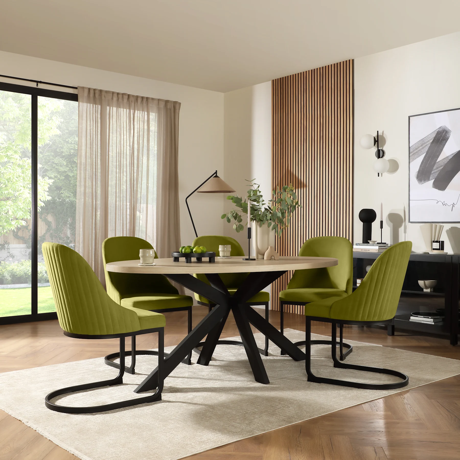 Madison Oval Dining Table & 6 Riva Chairs, Light Oak Effect & Black Steel, Olive Green Classic Velvet, 180cm