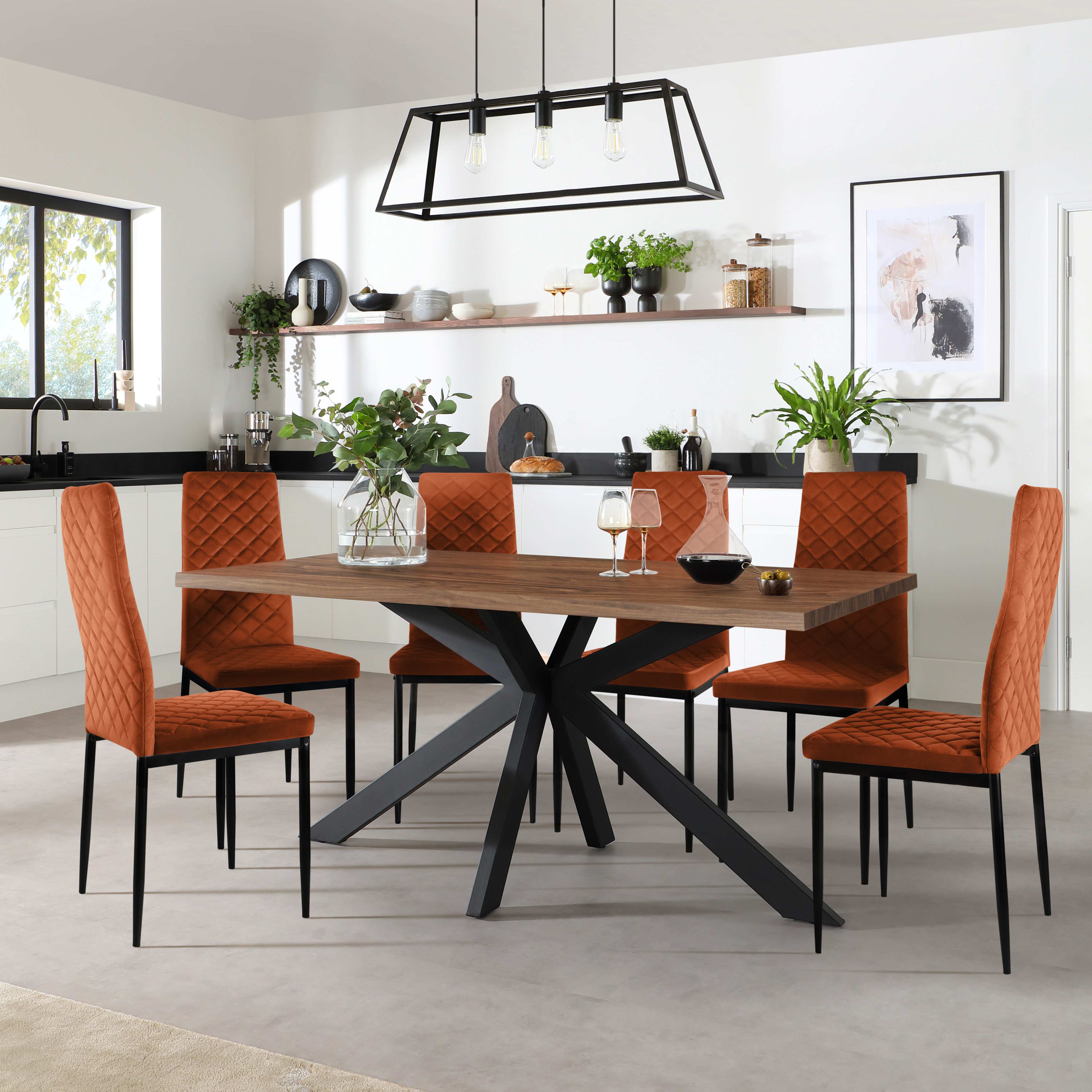 Madison Industrial Dining Table & 4 Renzo Chairs, Walnut Effect