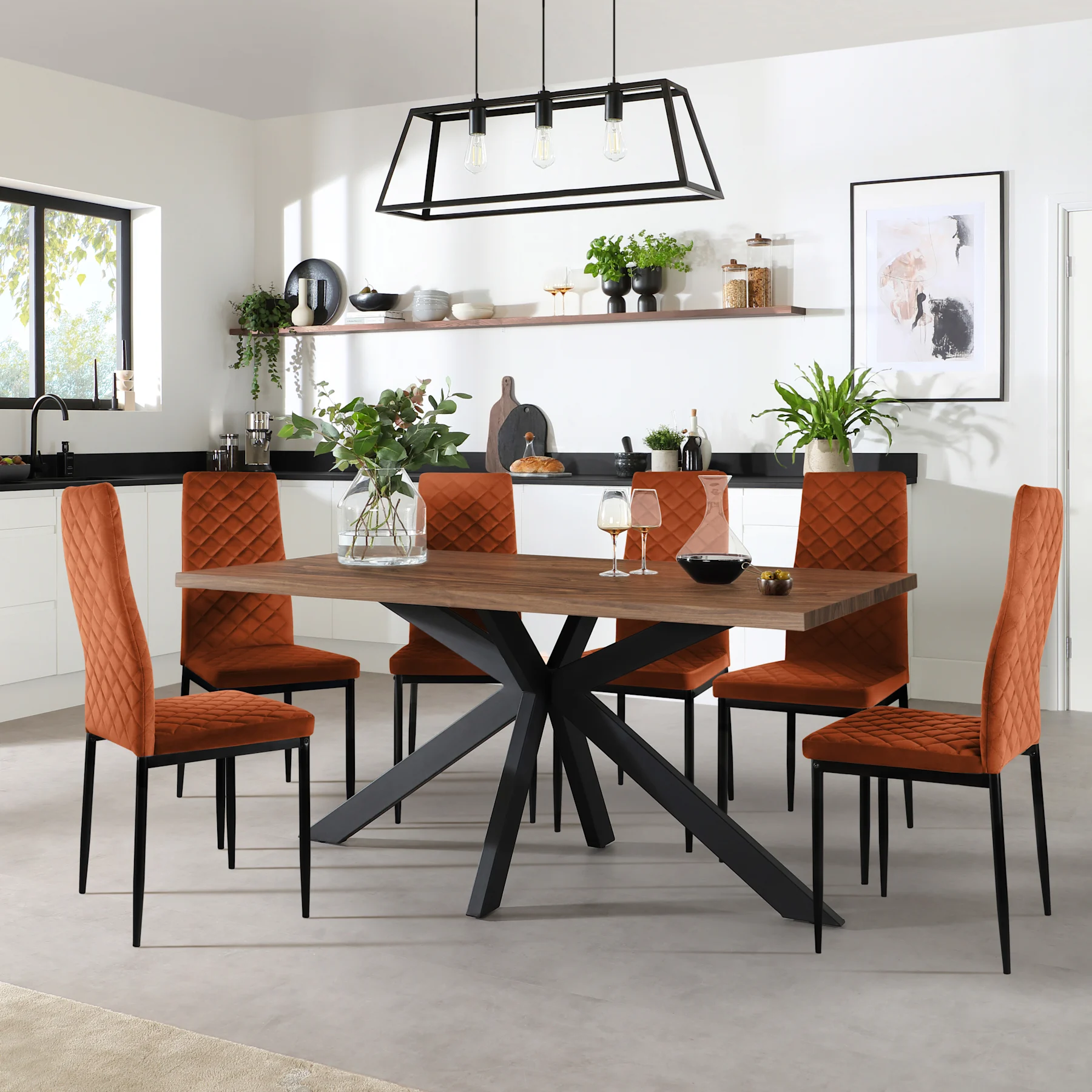 Madison Industrial Dining Table & 4 Renzo  Chairs, Walnut Effect & Black Steel, Burnt Orange Classic Velvet, 150cm