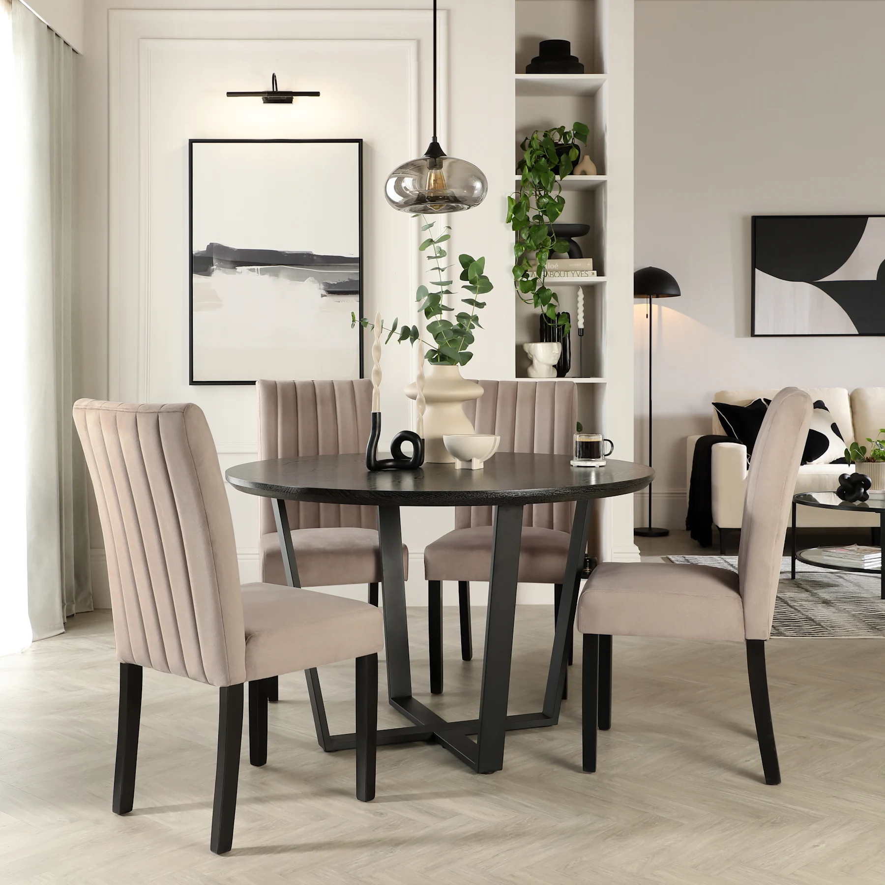 Traviso Round Dining Table & 4 Salisbury Chairs, Black Oak Effect & Black Steel, Beige Classic Plush Fabric & Black Solid Hardwood, 120cm