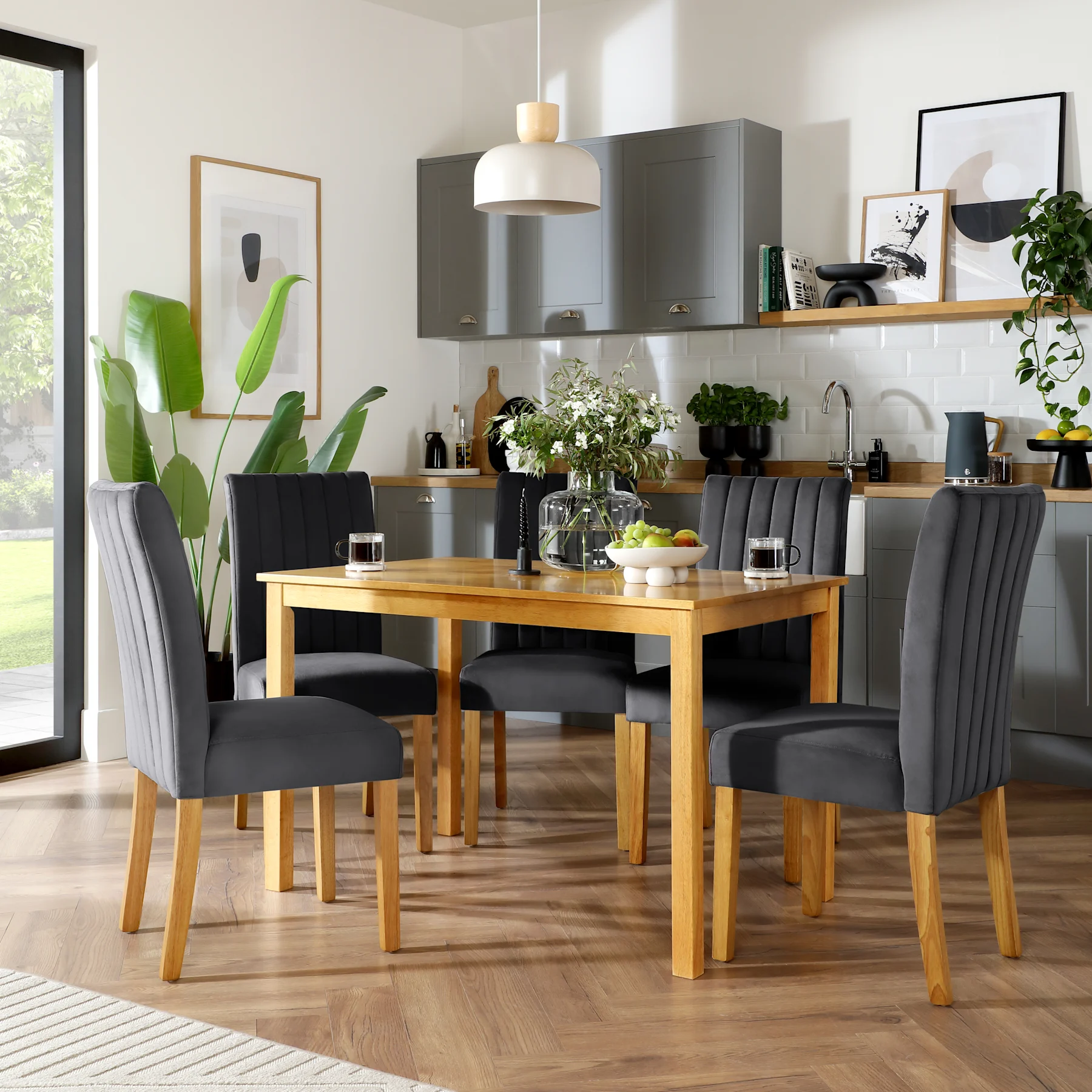 Milton Dining Table & 6 Salisbury Chairs, Natural Oak Finished Solid Hardwood, Slate Grey Classic Plush Fabric, 120cm