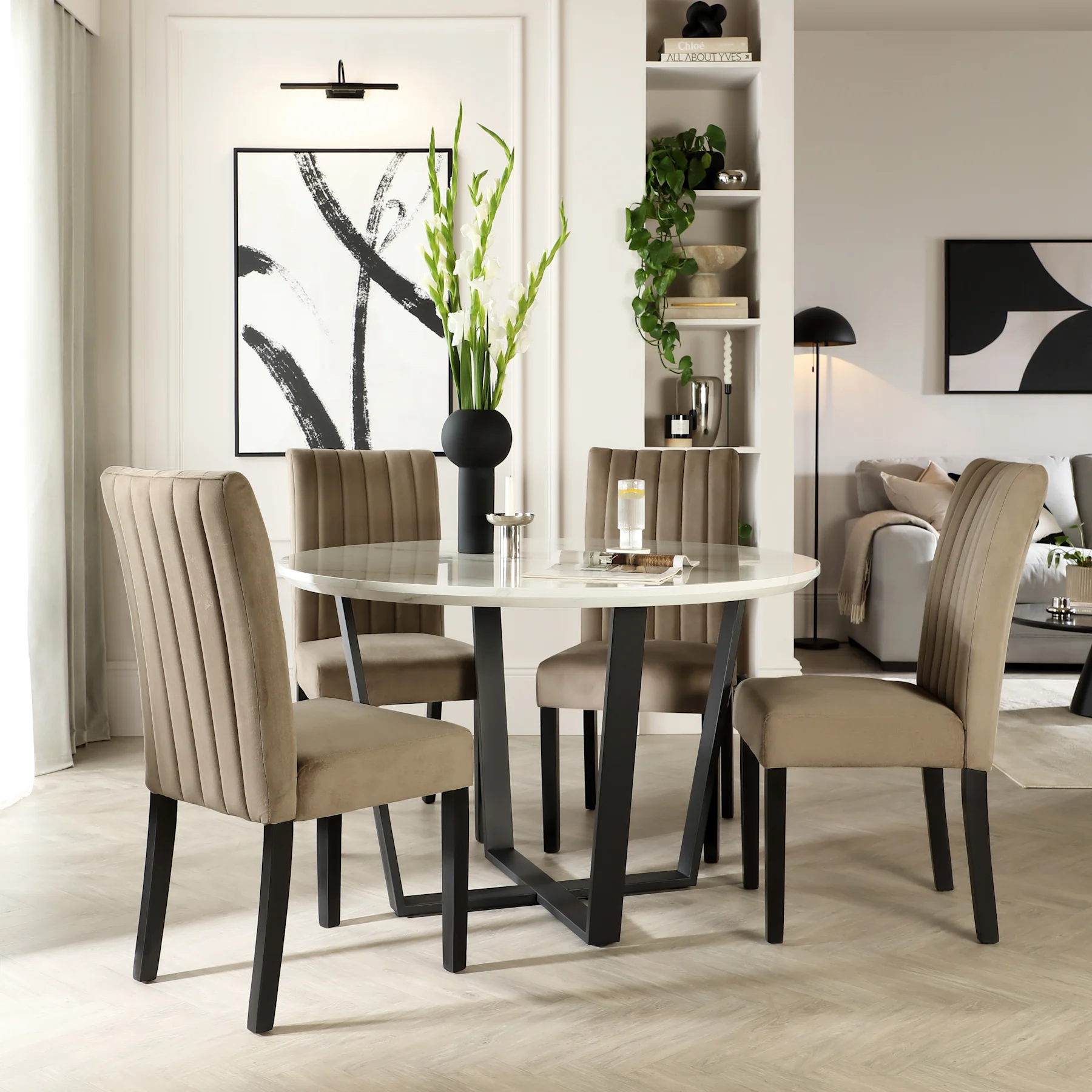 Traviso Round Dining Table & 4 Salisbury Chairs, White Marble Effect & Black Steel, Beige Classic Velvet & Black Solid Hardwood, 120cm