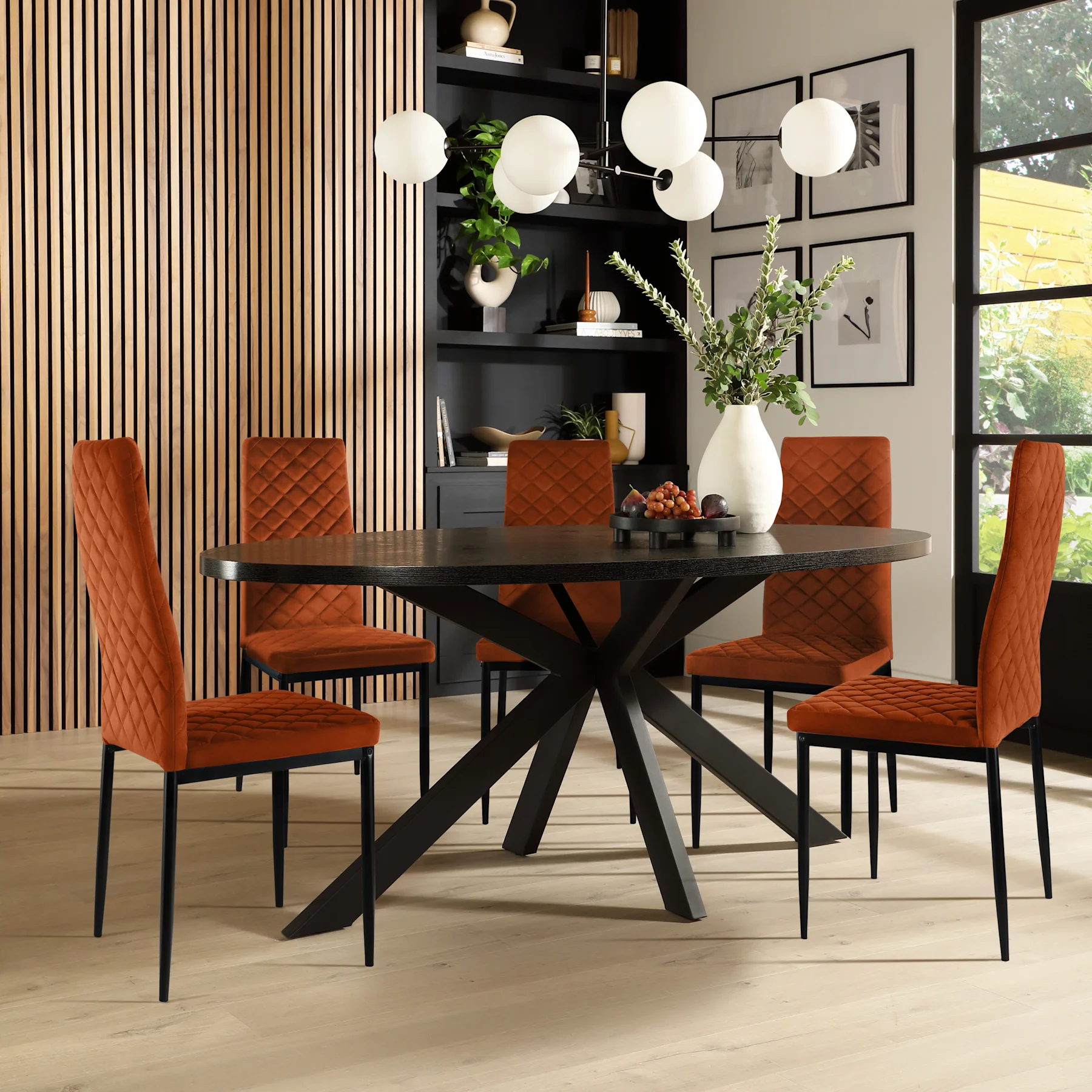 Madison Oval Dining Table & 4 Renzo  Chairs, Black Oak Effect & Black Steel, Burnt Orange Classic Velvet, 150cm