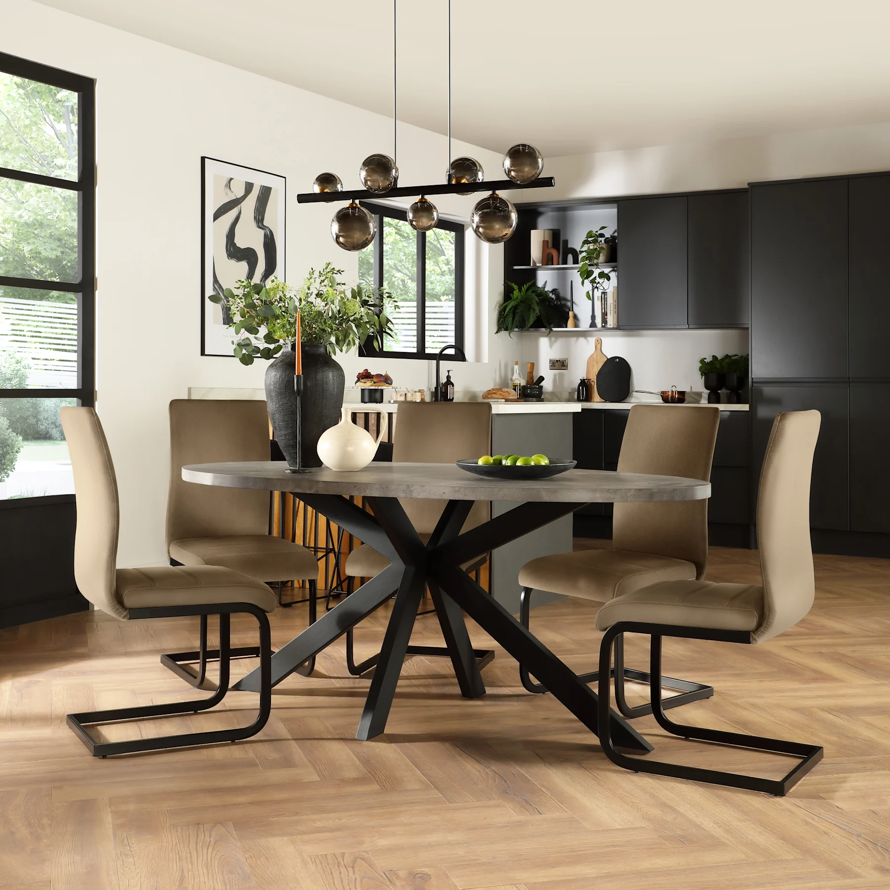 Madison Oval Industrial Dining Table & 4 Perth Chairs, Grey Concrete Effect & Black Steel, Beige Classic Velvet, 180cm