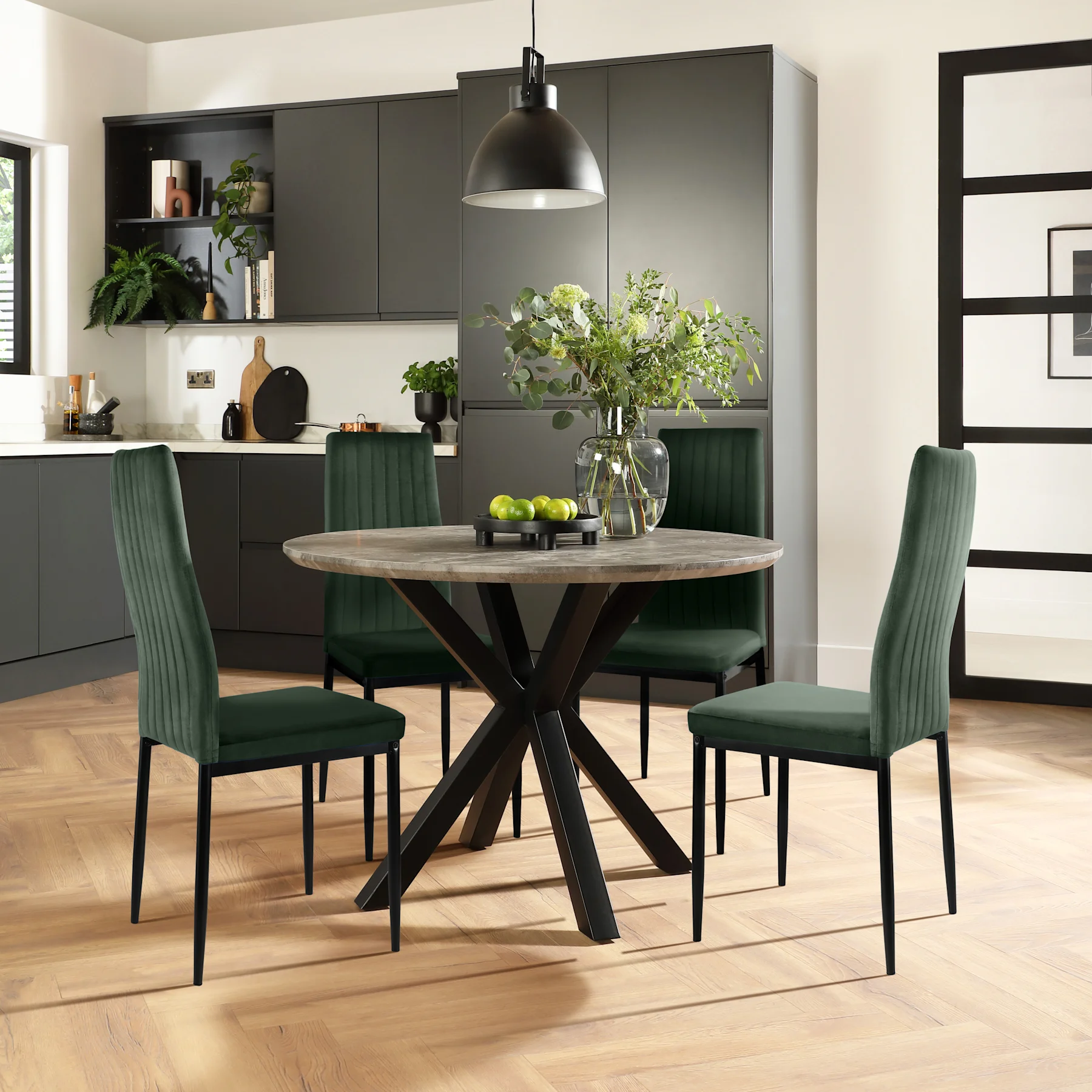 Newark Round Industrial Dining Table & 4 Leon  Chairs, Grey Concrete Effect & Black Steel, Moss Green Classic Velvet, 150cm