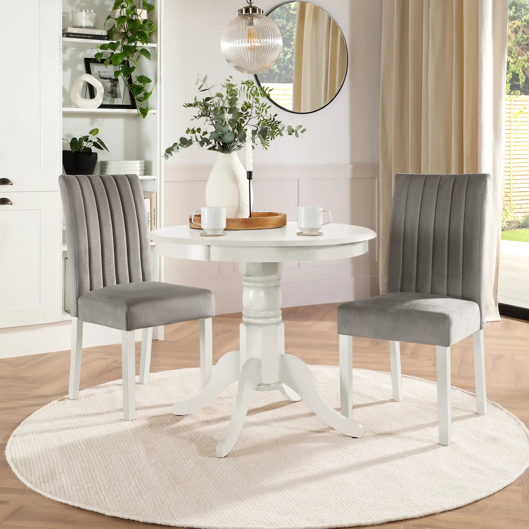 Kingston Round Dining Table & 2 Salisbury Chairs, White Wood, Grey Classic Velvet, 90cm