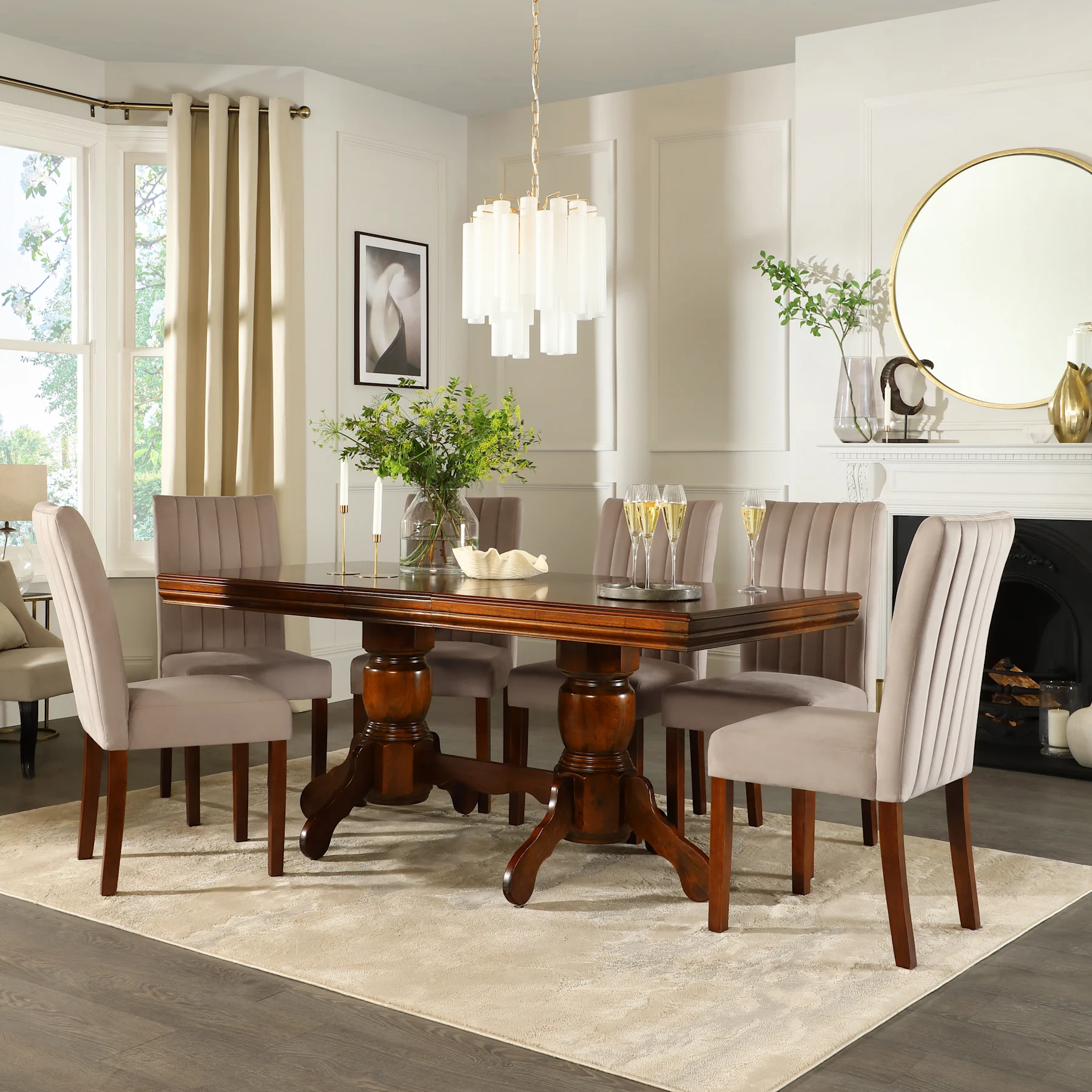 Chatsworth Extending Dining Table & 6 Salisbury Chairs, Dark Solid Hardwood, Beige Classic Plush Fabric, 150-180cm