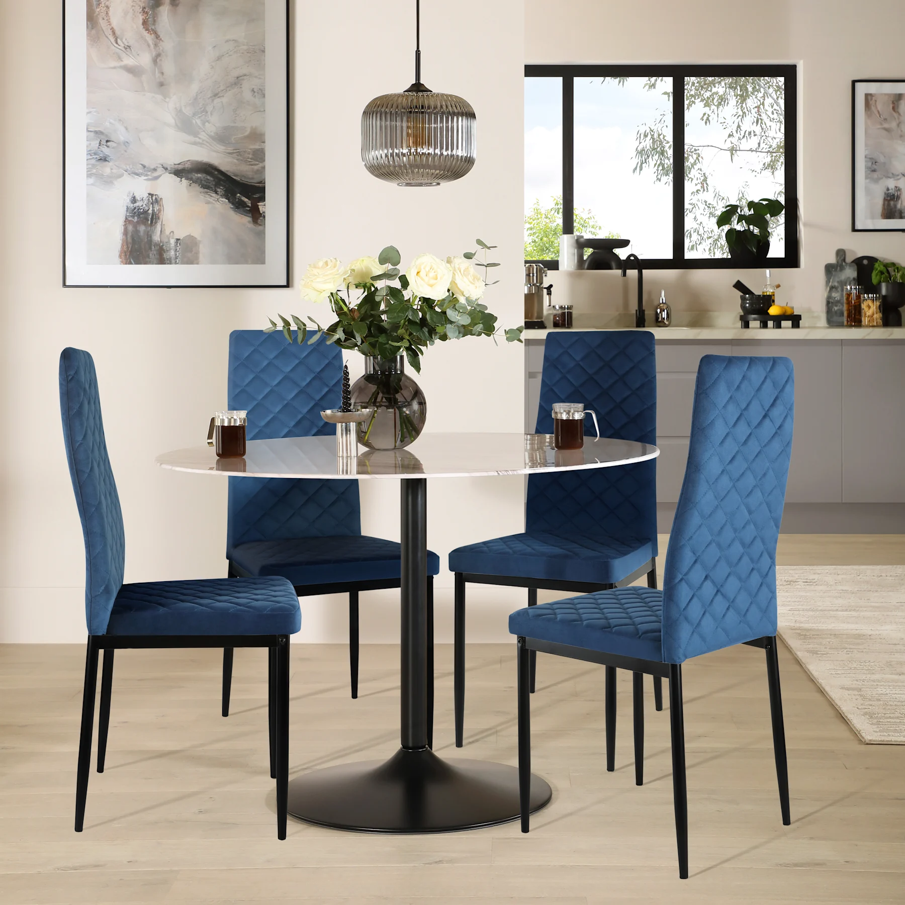 Orbit Round Dining Table & 4 Renzo  Chairs, Grey Marble Effect & Black Steel, Blue Classic Velvet, 150cm