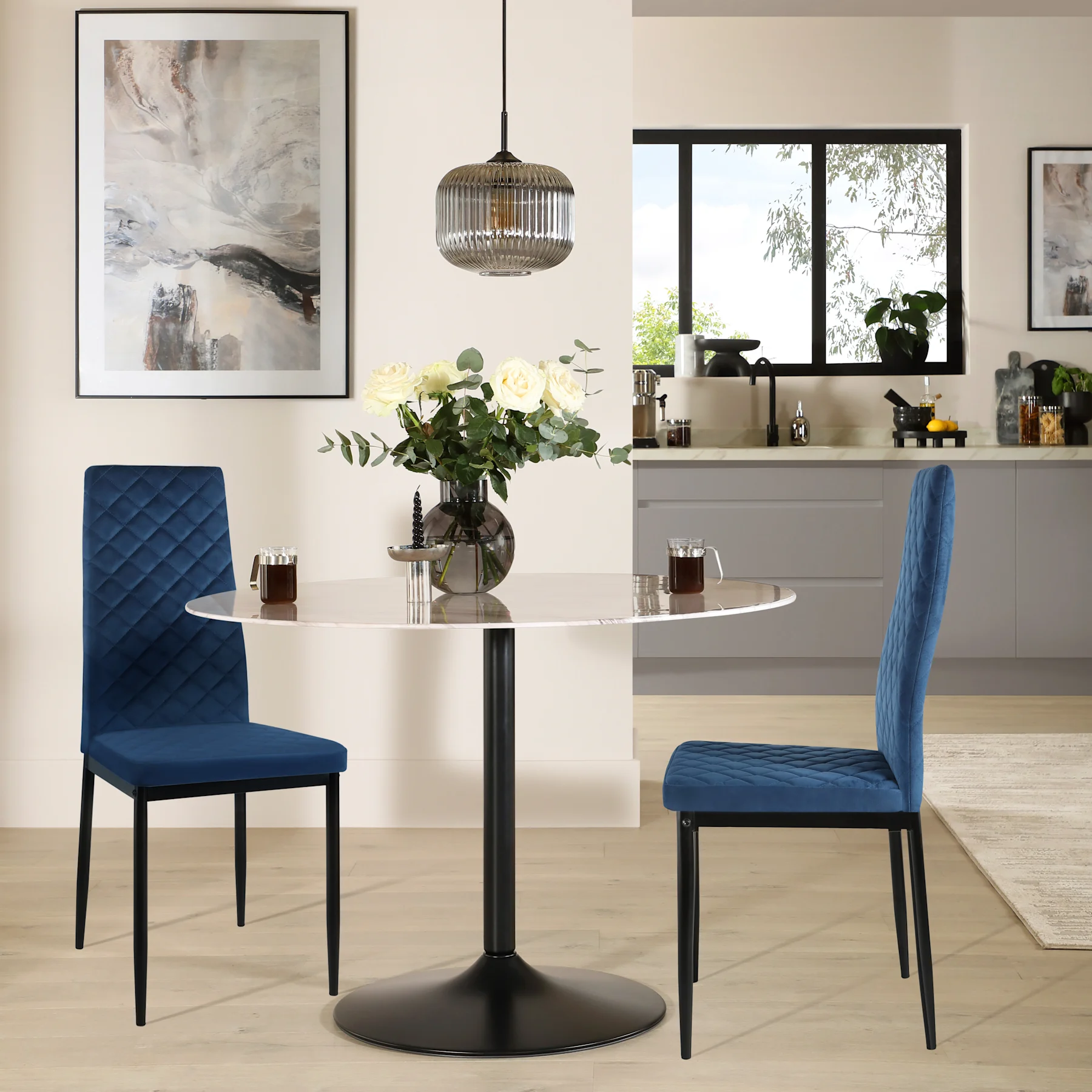 Orbit Round Dining Table & 2 Renzo  Chairs, Grey Marble Effect & Black Steel, Blue Classic Velvet, 150cm