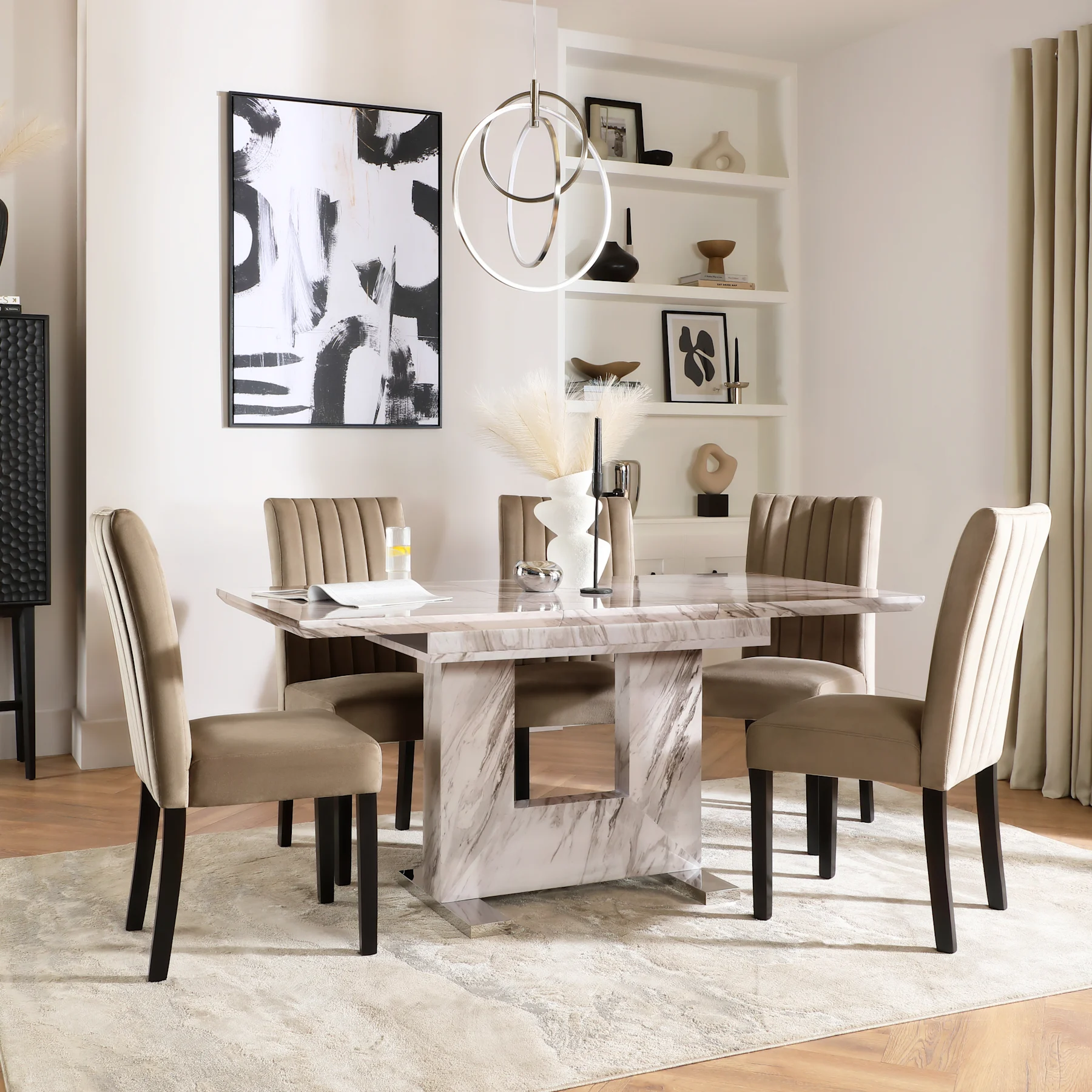 Florence Extending Dining Table & 6 Salisbury Chairs, Grey Marble Effect, Beige Classic Velvet & Black Solid Hardwood, 120-160cm
