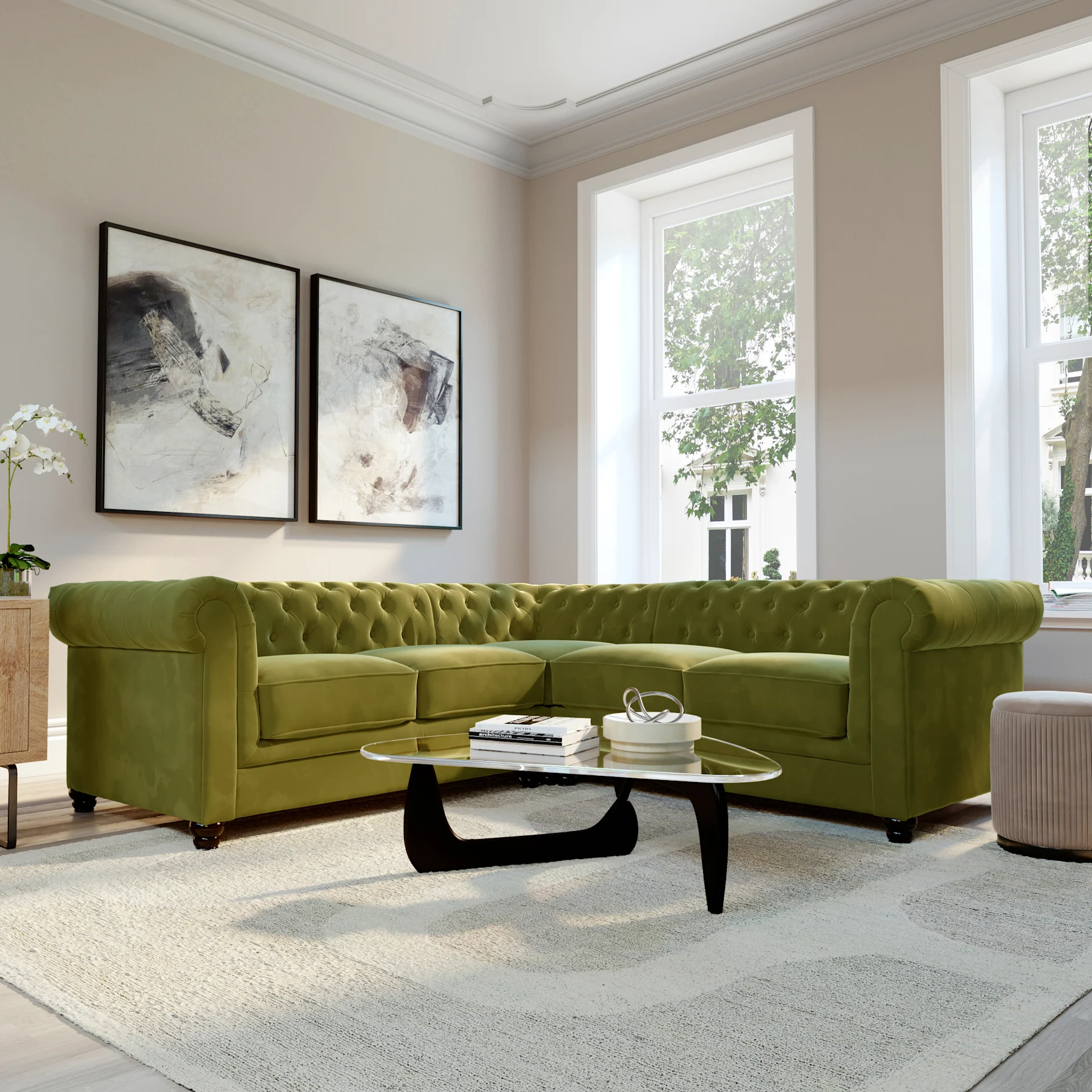 Hampton Chesterfield Corner Sofa, Olive Green Classic Velvet