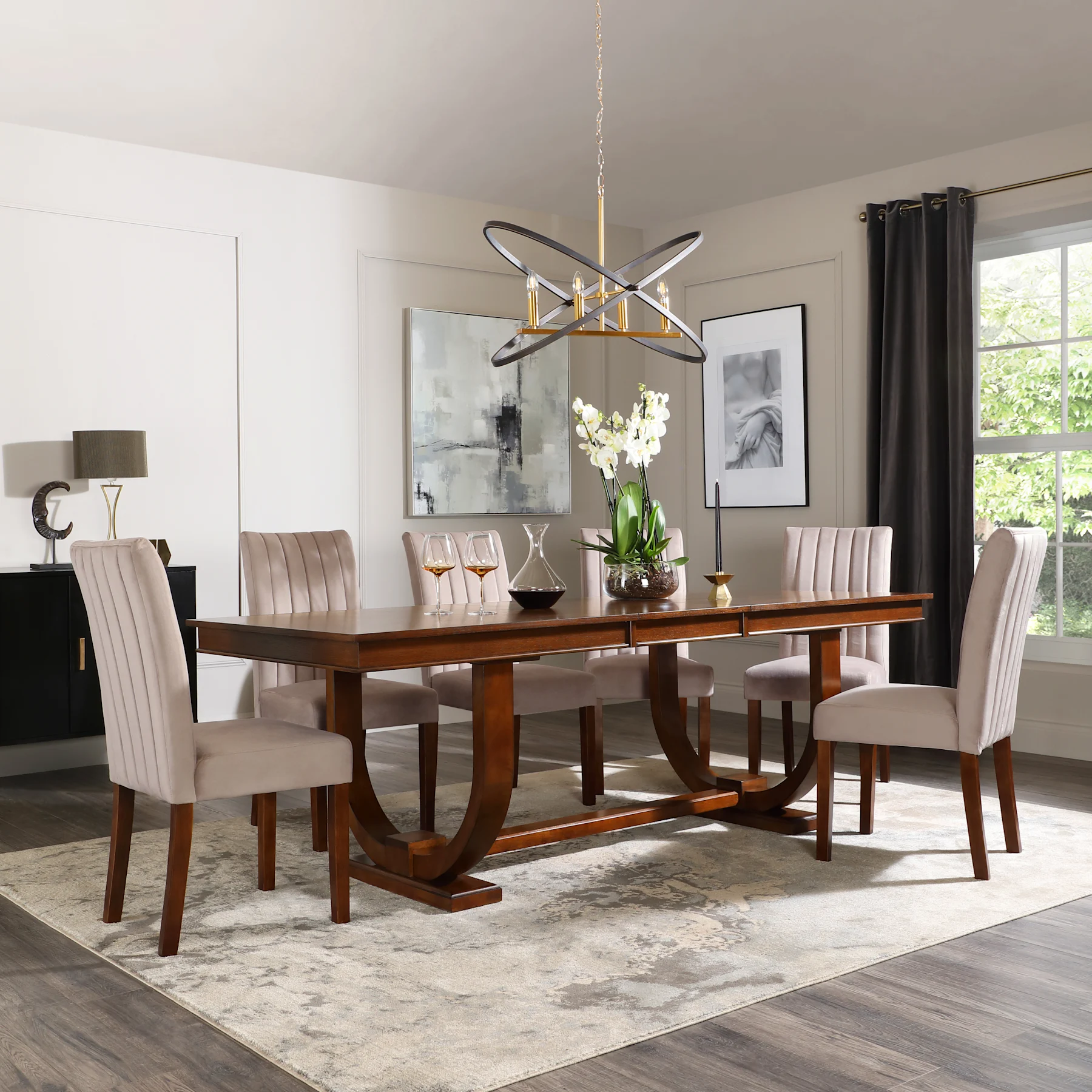 Pavilion Extending Dining Table & 8 Salisbury Chairs, Dark Oak Veneer & Solid Hardwood, Beige Classic Plush Fabric & Dark Solid Hardwood, 180-225cm