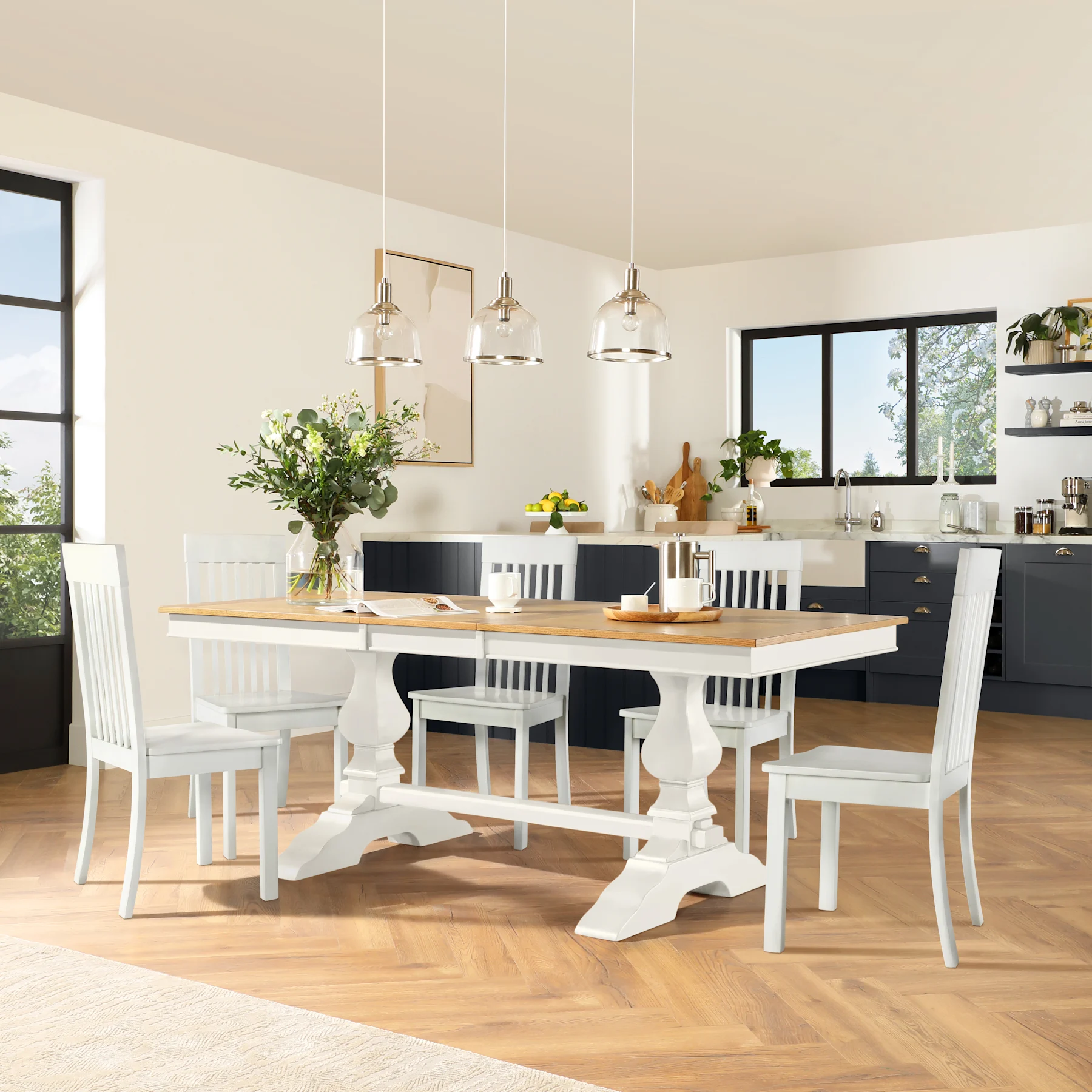 Cavendish Extending Dining Table & 4 Oxford Chairs, Natural Oak Veneer & White Solid Hardwood, 150-200cm