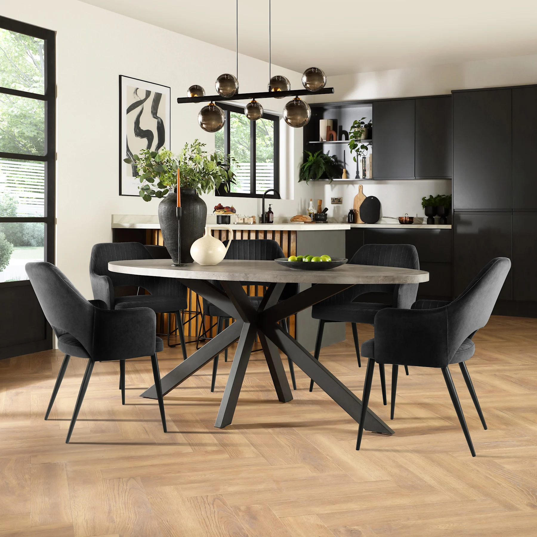 Madison Oval Industrial Dining Table & 4 Clara Chairs, Grey Concrete Effect & Black Steel, Black Classic Velvet, 180cm