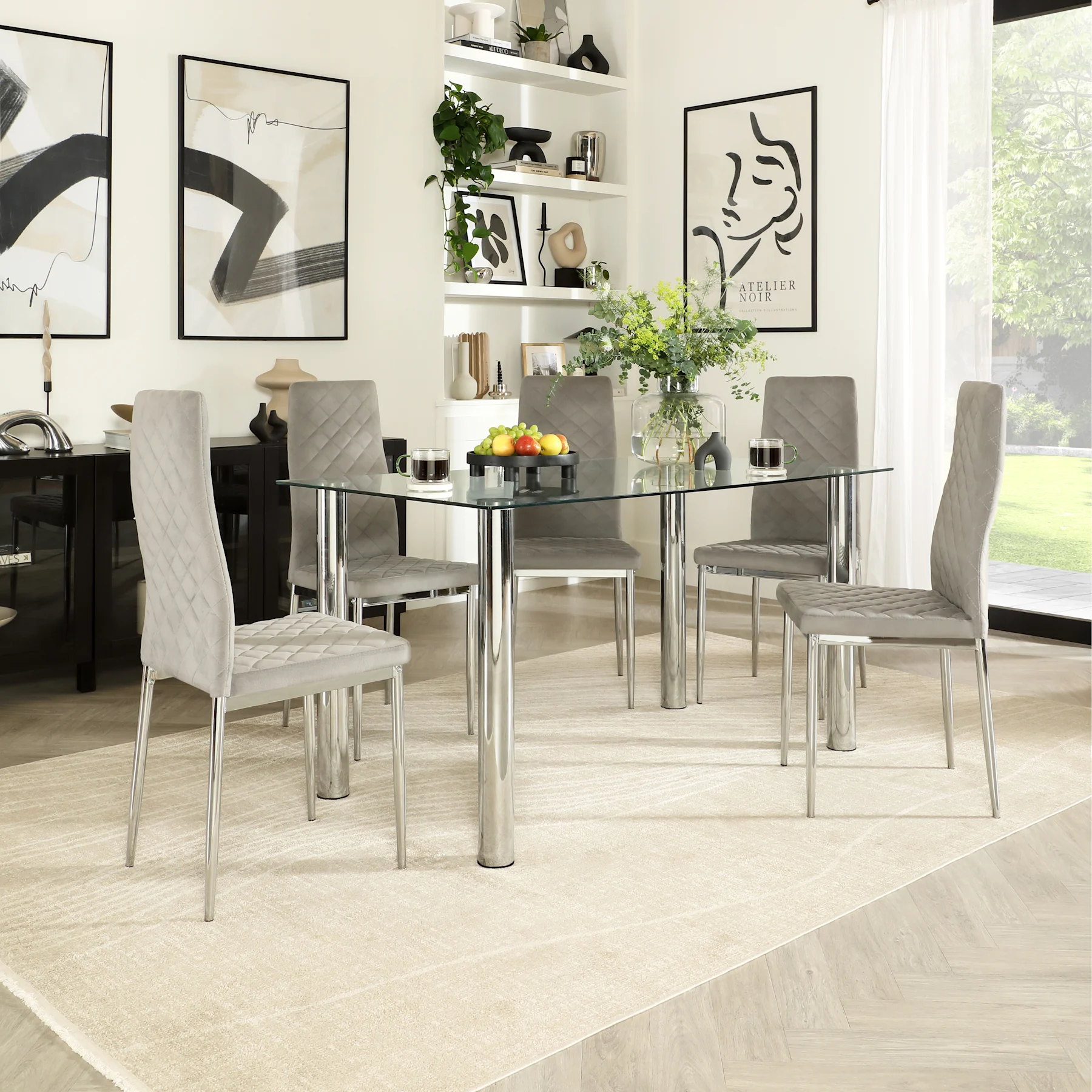 Lunar Dining Table & 6 Renzo Chairs, Glass & Chrome, Grey Classic Velvet, 140cm