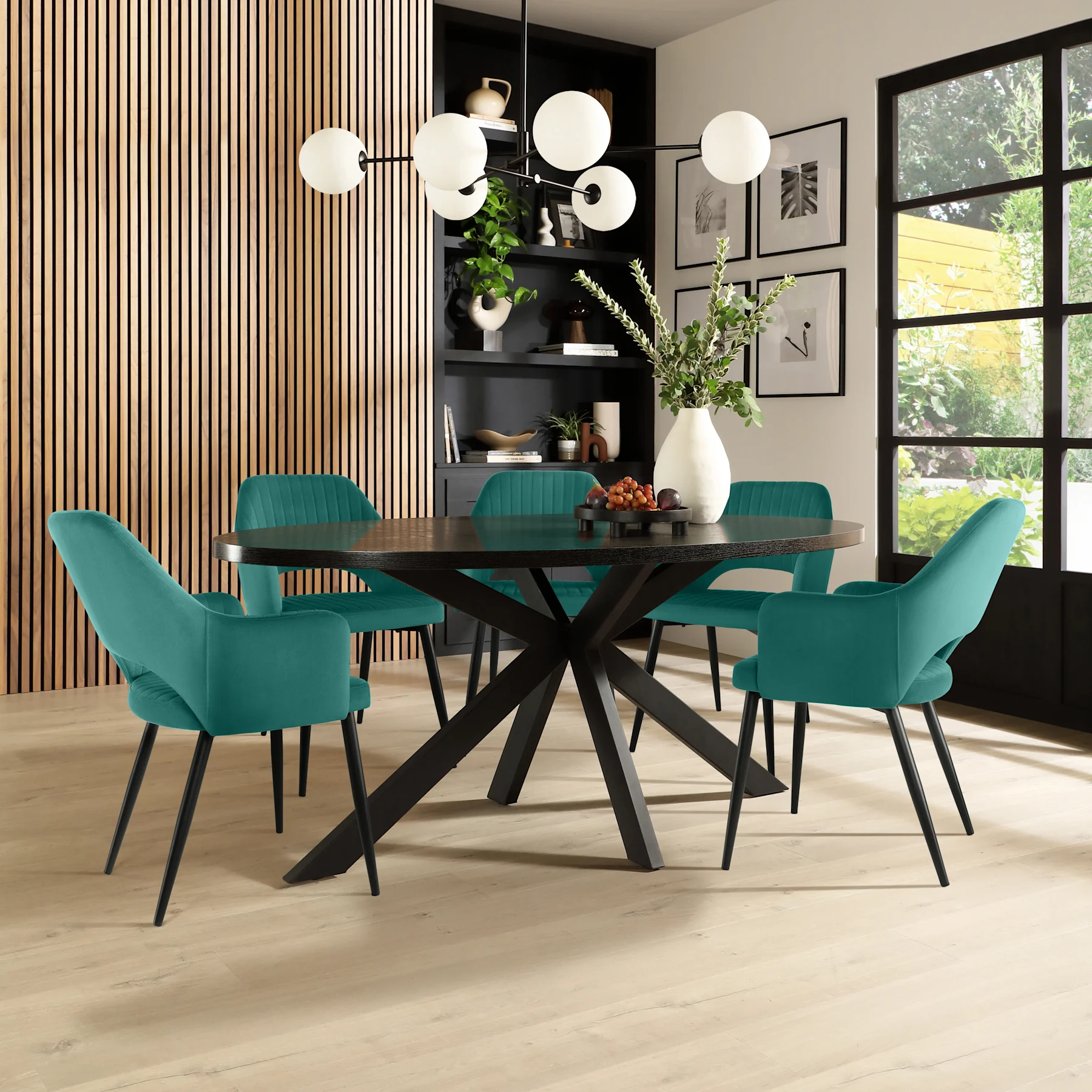 Madison Oval Dining Table & 6 Clara Chairs, Black Oak Effect & Black Steel, Teal Classic Velvet, 180cm