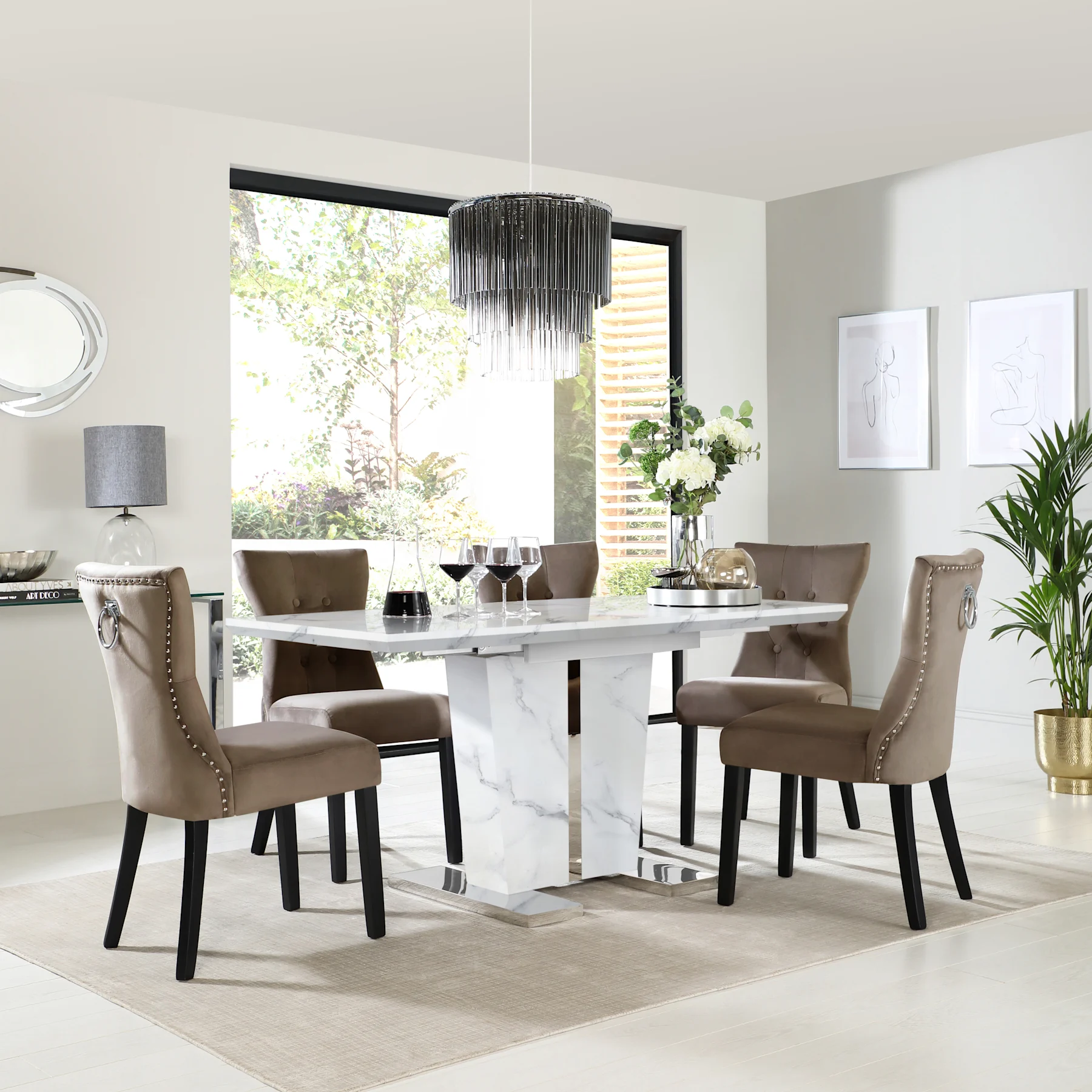 Vienna Extending Dining Table & 4 Kensington Chairs, White Marble Effect, Beige Classic Velvet & Black Solid Hardwood, 120-160cm