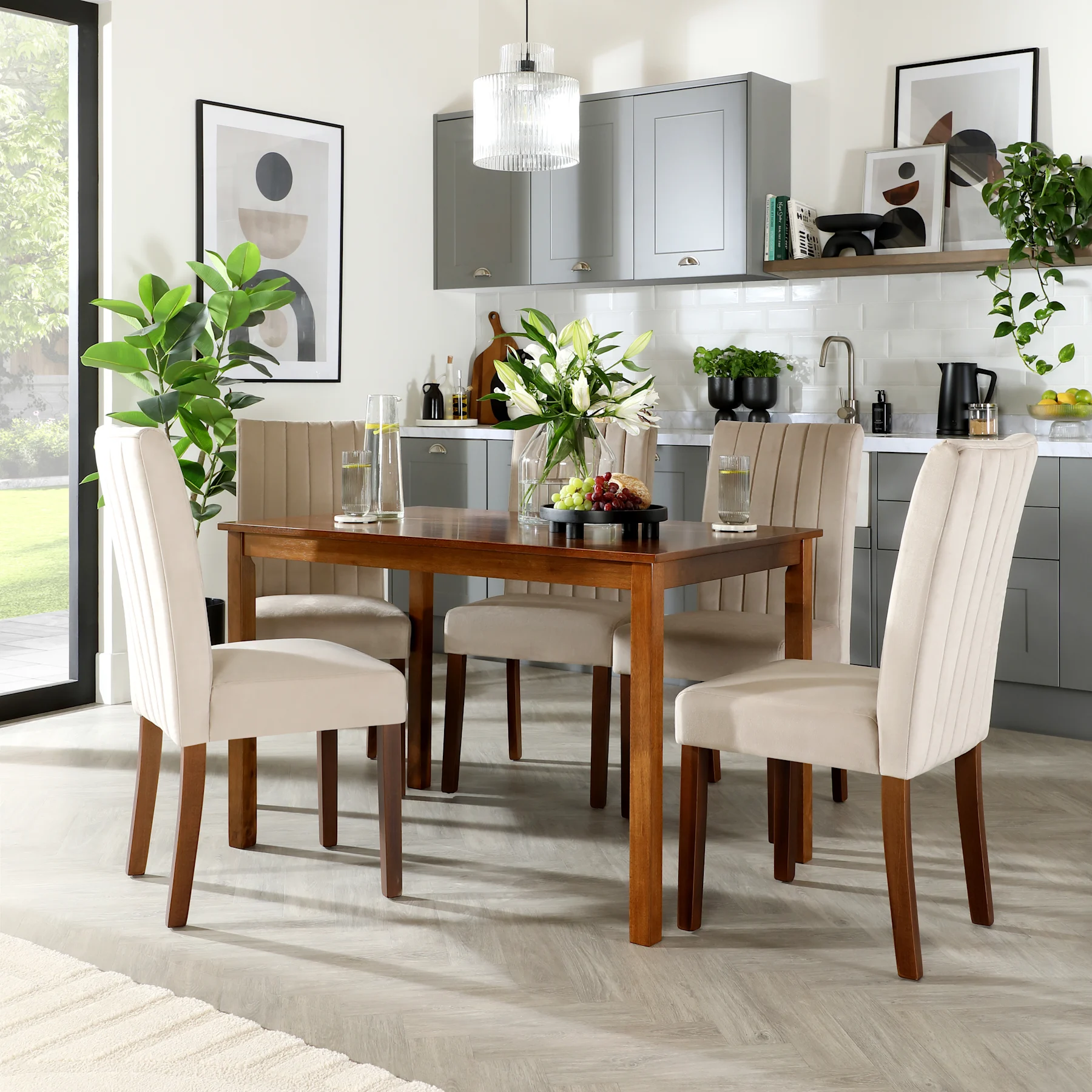Milton Dining Table & 6 Salisbury Chairs, Dark Solid Hardwood, Champagne Classic Velvet, 120cm