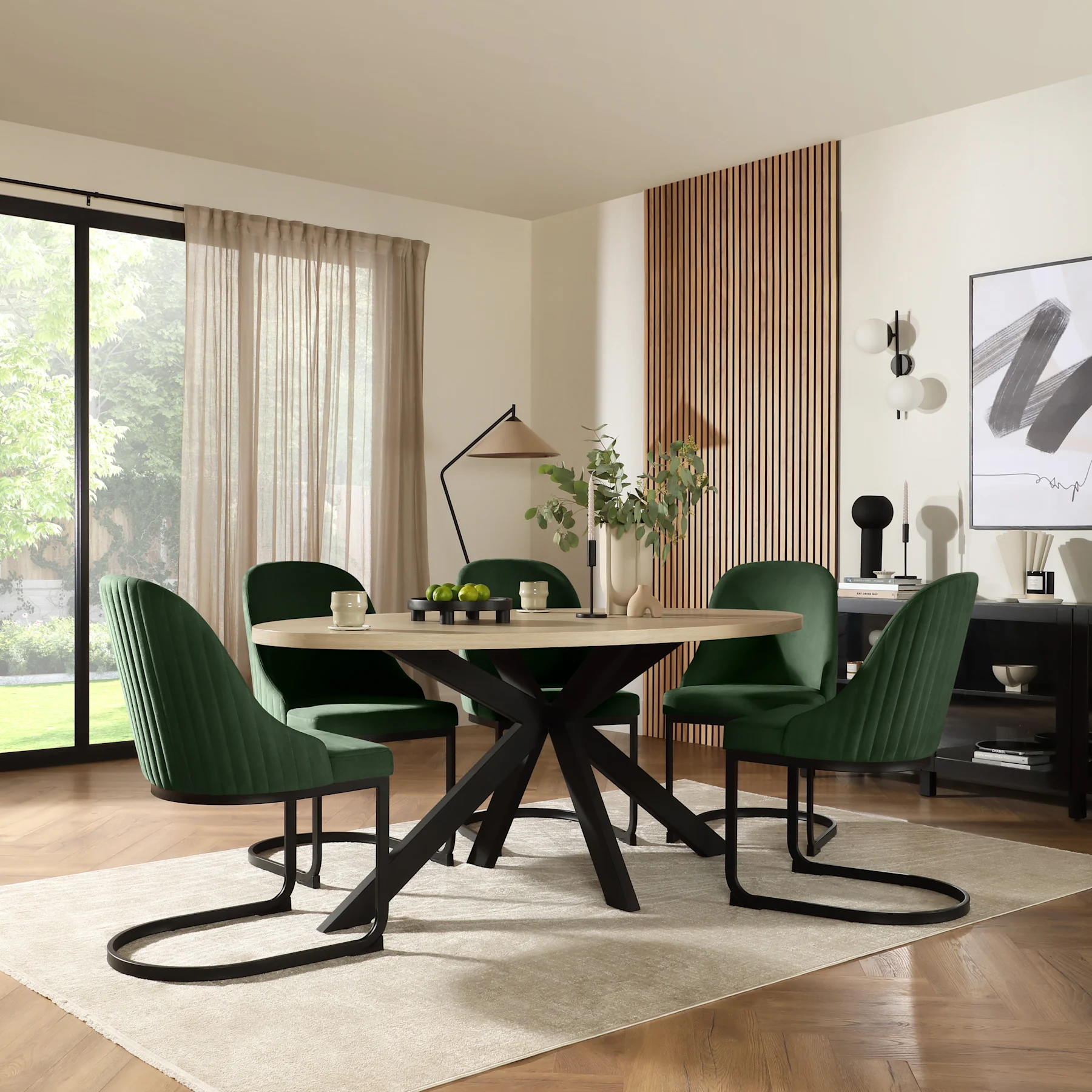 Madison Oval Dining Table & 4 Riva Chairs, Light Oak Effect & Black Steel, Moss Green Classic Velvet, 180cm