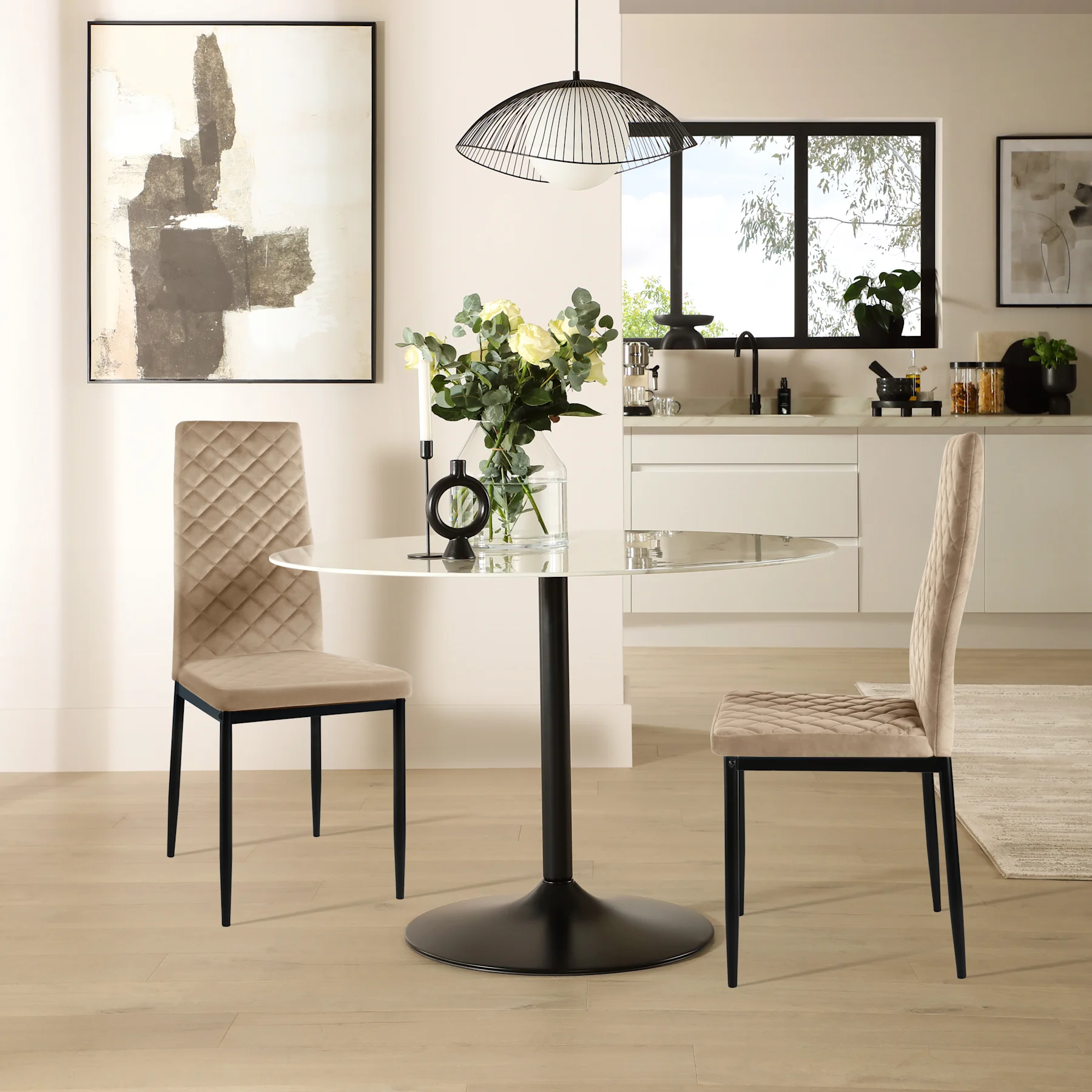Orbit Round Dining Table & 2 Renzo  Chairs, White Marble Effect & Black Steel, Champagne Classic Velvet, 150cm