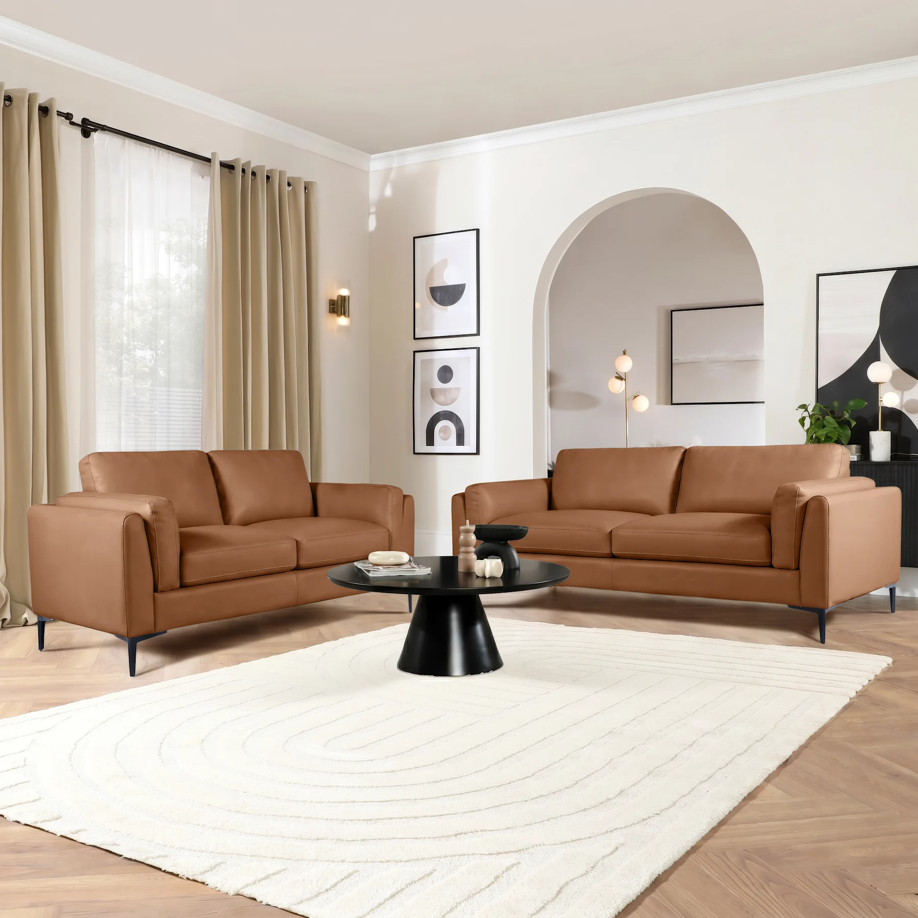 Lucia 3+2 Seater Sofa Set, Tan Premium Faux Leather
