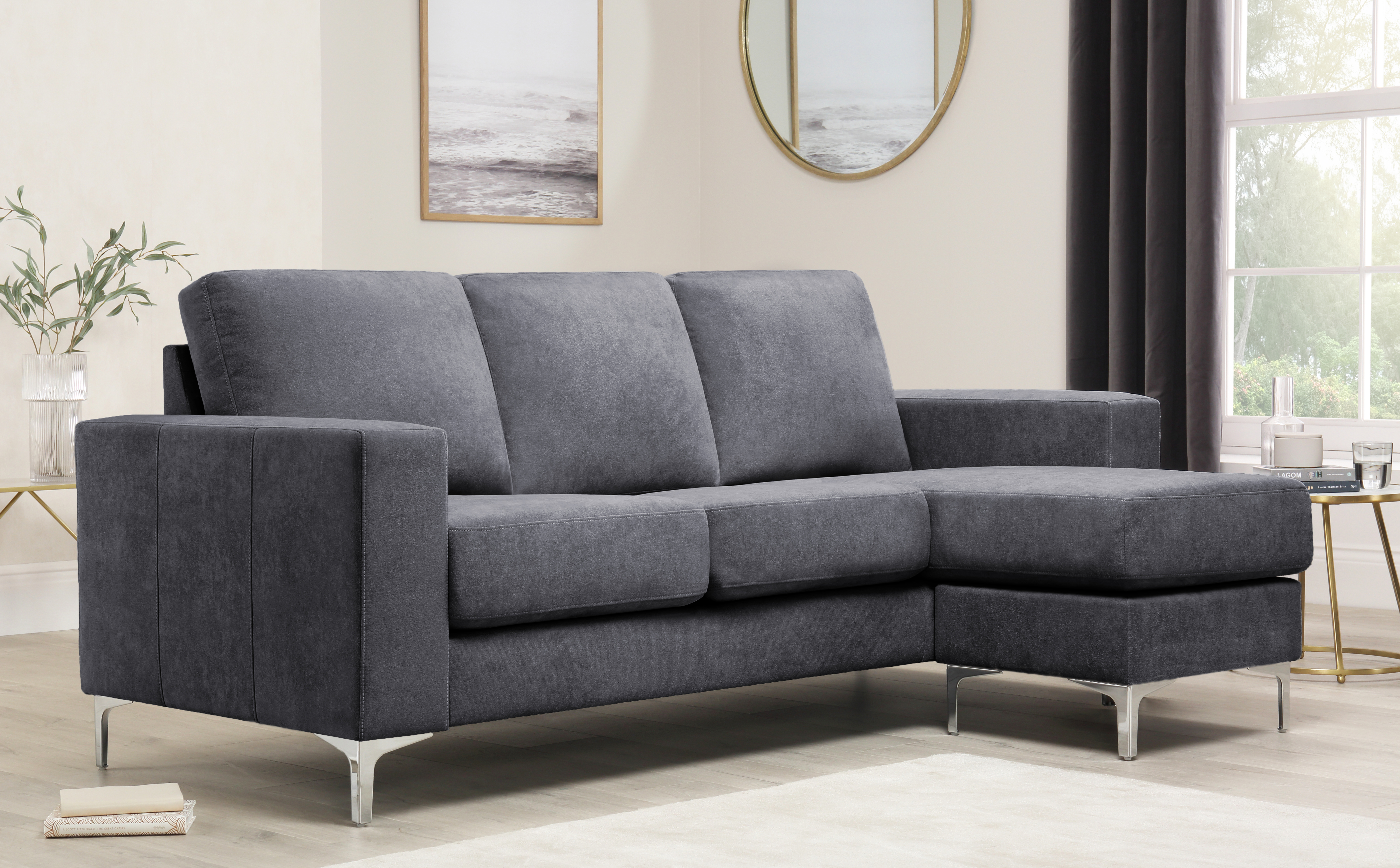 Baltimore L-shape Corner Sofa, Slate Grey Classic Plush Fabric