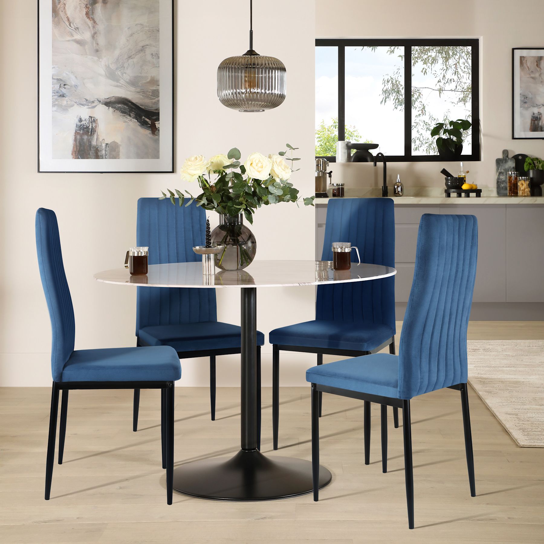 Orbit Round Dining Table & 4 Leon Chairs, White Marble Effect & Black