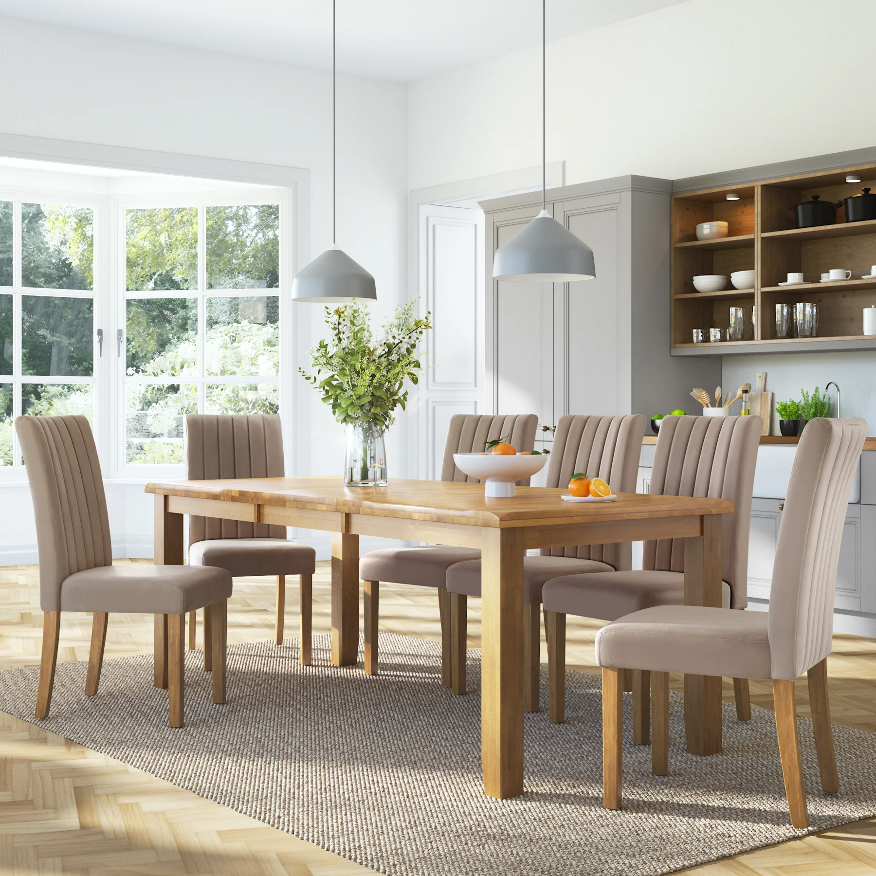 Highbury Extending Dining Table & 6 Salisbury Chairs, Natural Oak Finished Solid Hardwood, Beige Classic Plush Fabric, 150-200cm