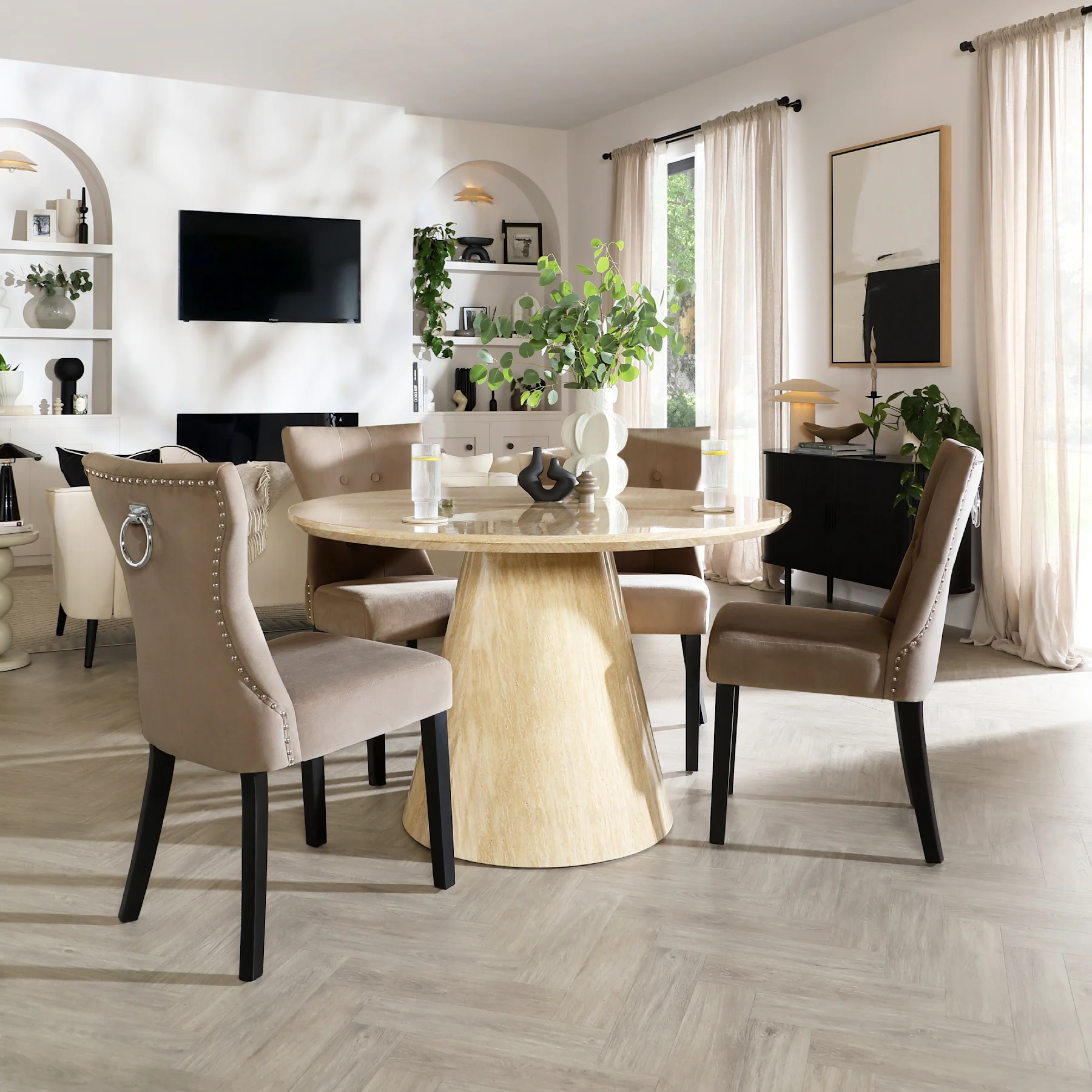 Accorto Round Dining Table & 4 Kensington Chairs, Travertine Stone Effect, Beige Classic Velvet & Black Solid Hardwood, 120cm