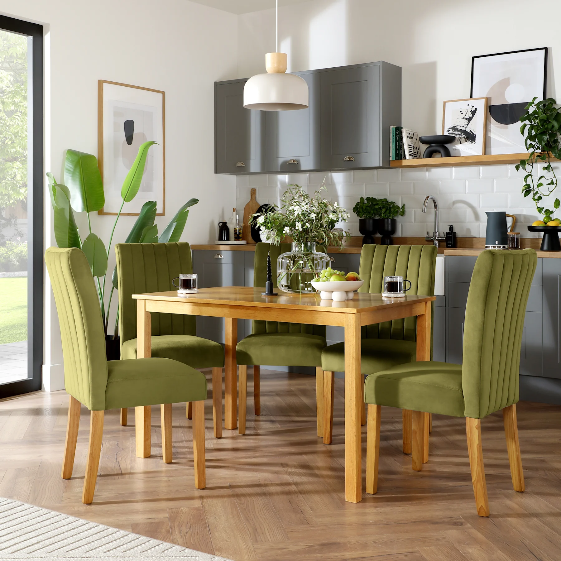 Milton Dining Table & 6 Salisbury Chairs, Natural Oak Finished Solid Hardwood, Olive Green Classic Velvet, 120cm