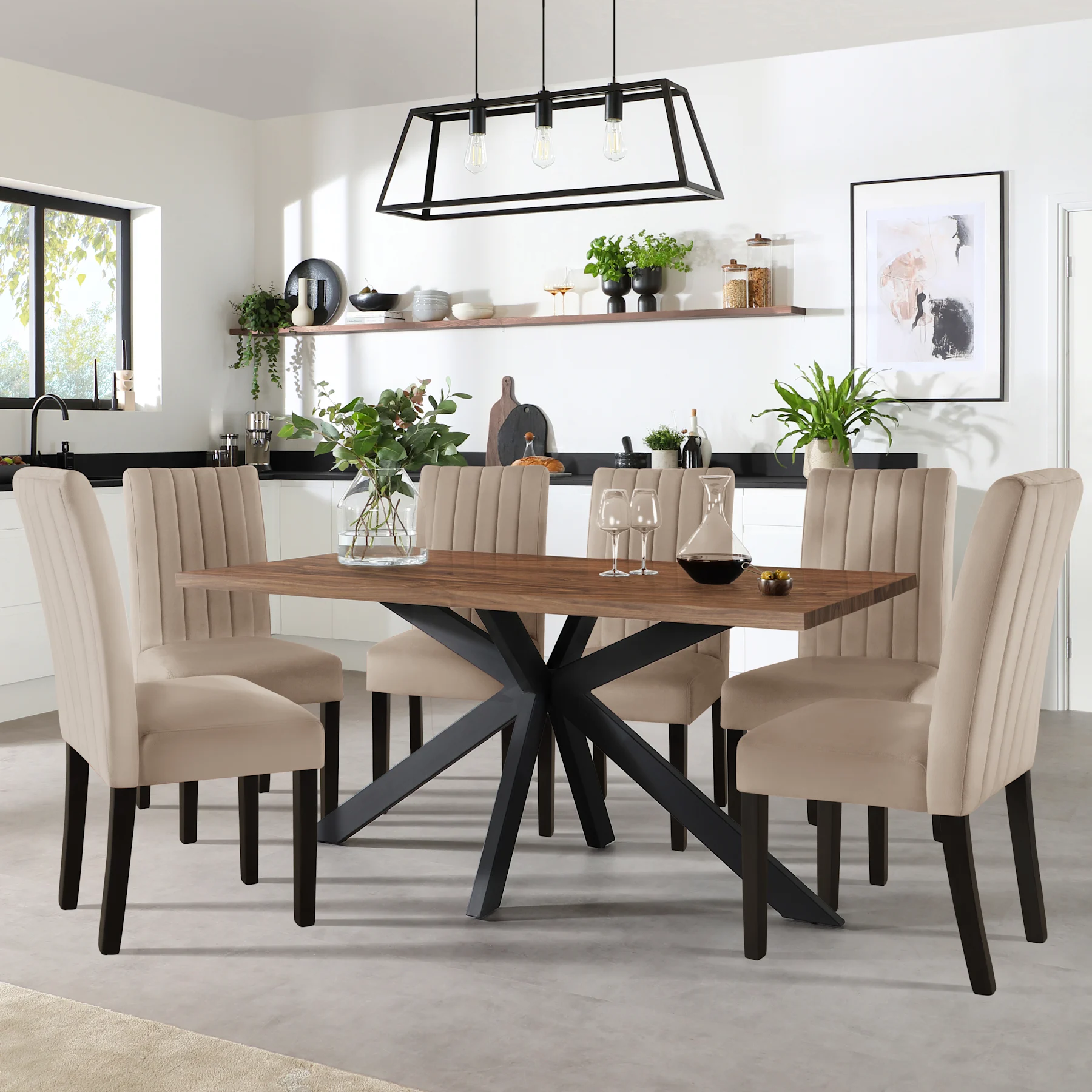 Madison Industrial Dining Table & 6 Salisbury Chairs, Walnut Effect & Black Steel, Beige Classic Plush Fabric & Black Solid Hardwood, 160cm
