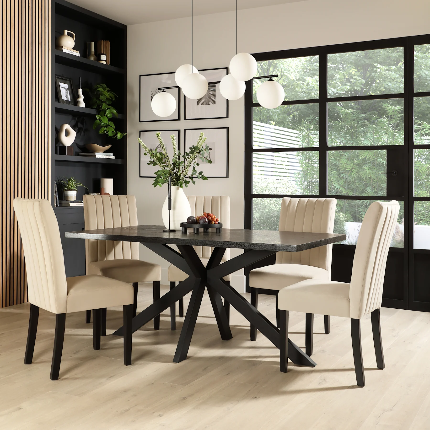 Madison Dining Table & 4 Salisbury Chairs, Black Oak Effect & Black Steel, Ivory Classic Plush Fabric & Black Solid Hardwood, 160cm