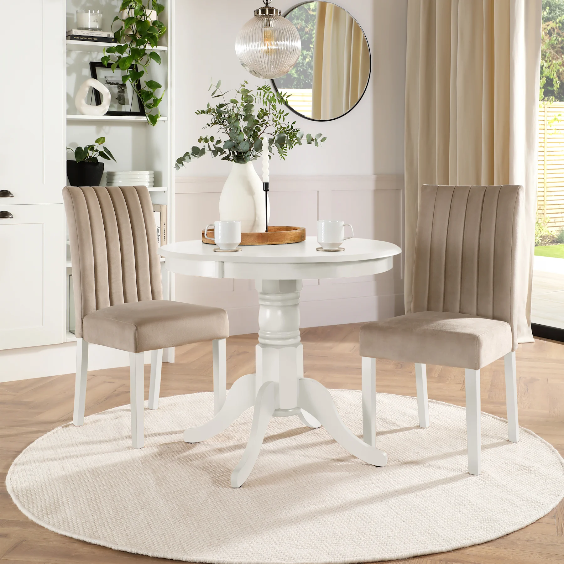 Kingston Round Dining Table & 2 Salisbury Chairs, White Wood, Champagne Classic Velvet, 90cm