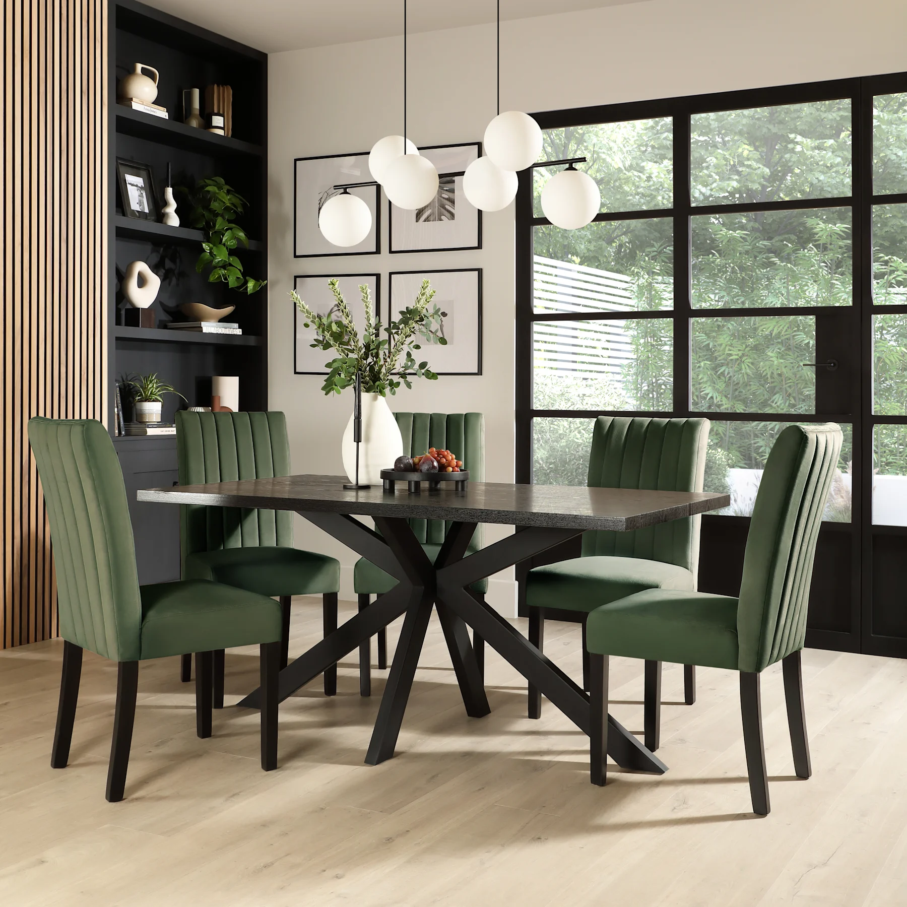 Madison Dining Table & 6 Salisbury Chairs, Black Oak Effect & Black Steel, Moss Green Classic Plush Fabric & Black Solid Hardwood, 160cm